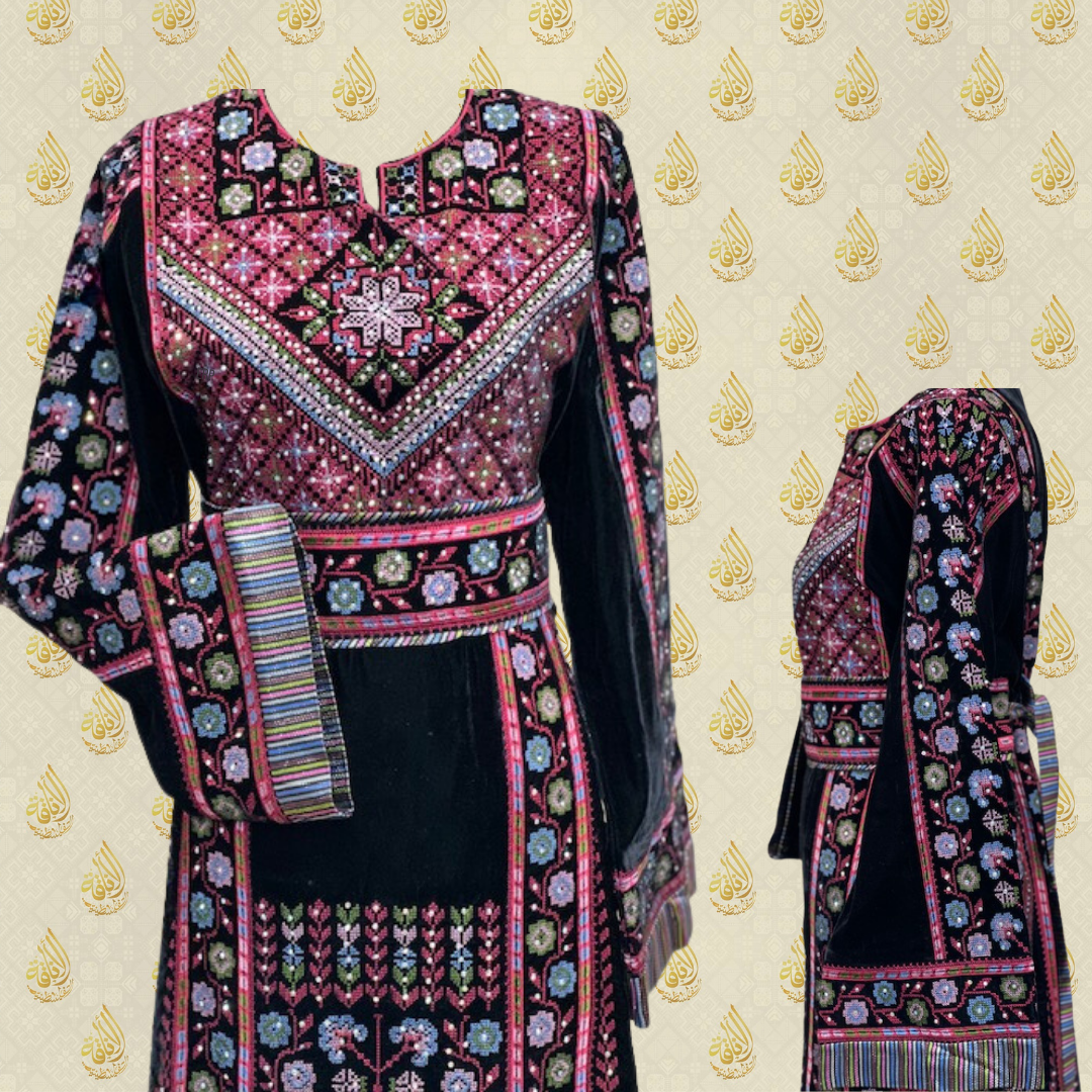 Velveted Silk Palestinian Elegance Embroidered Thoub: Luxurious Comfort and Timeless Elegance