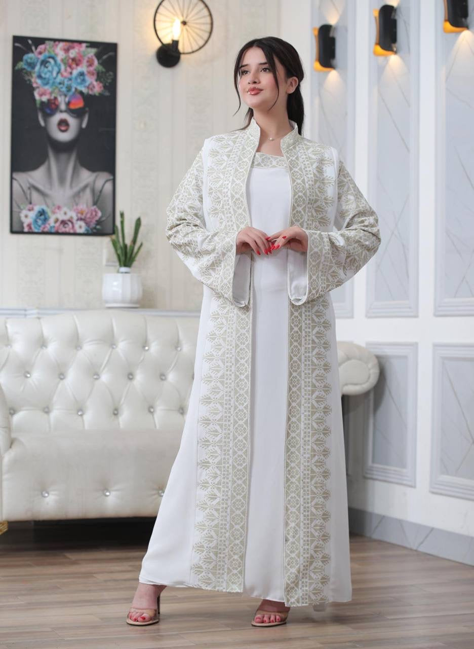 Luxurious Sanabel Kaftan Set - Gold & Silver Reed Silk Elegance