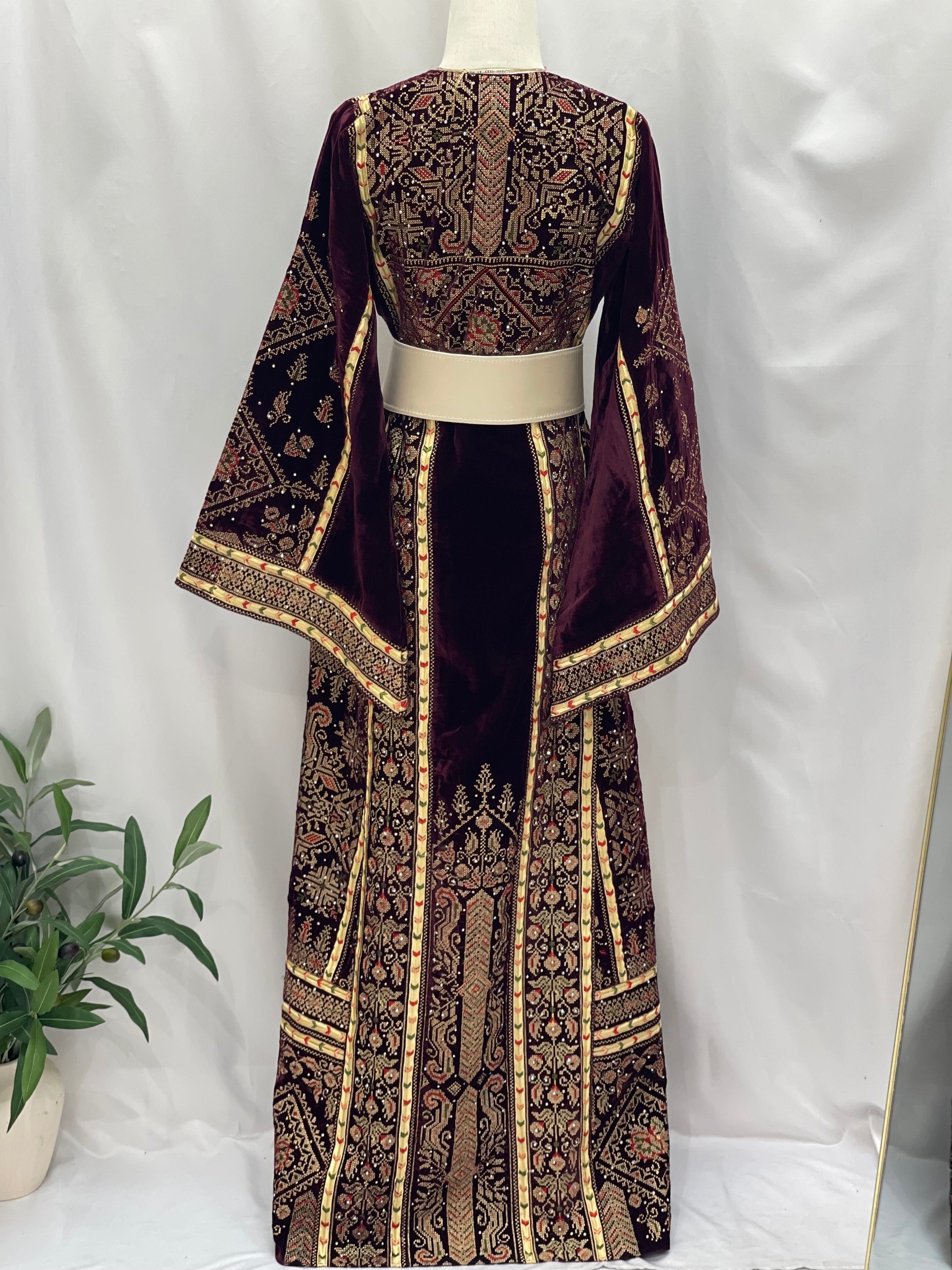 Maroon Velvet Thoub With Matching Overskirt