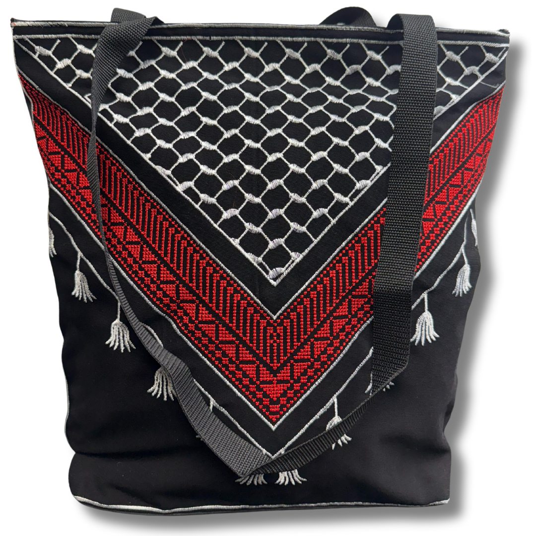 High-Quality Red Tatreez and Kuffiyeh Design Tote Bag | 40 cm Length