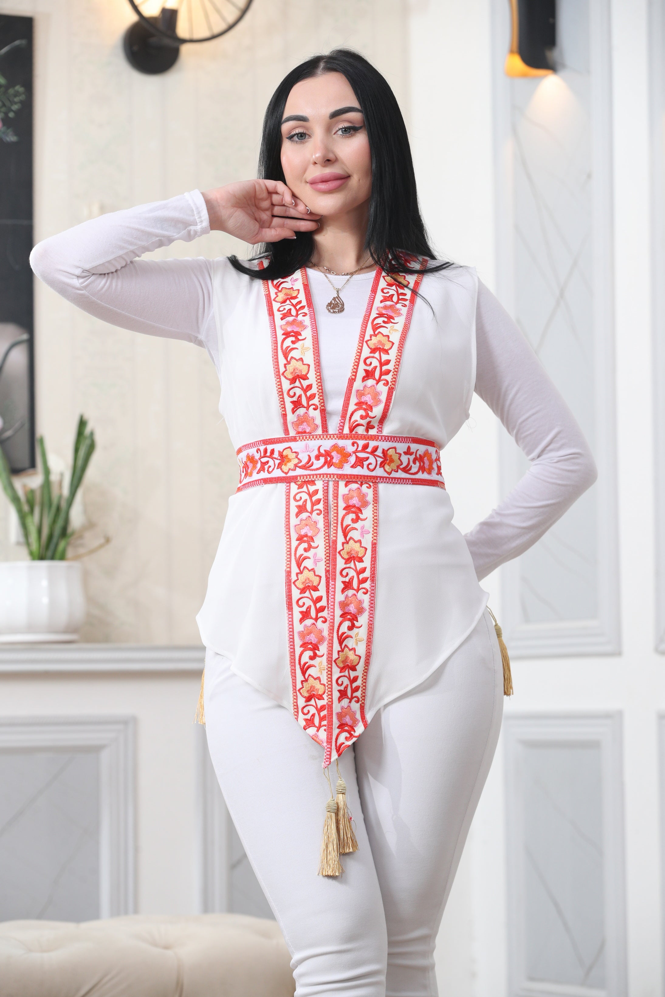 White Chiffon Vest  Colorful Embroidered