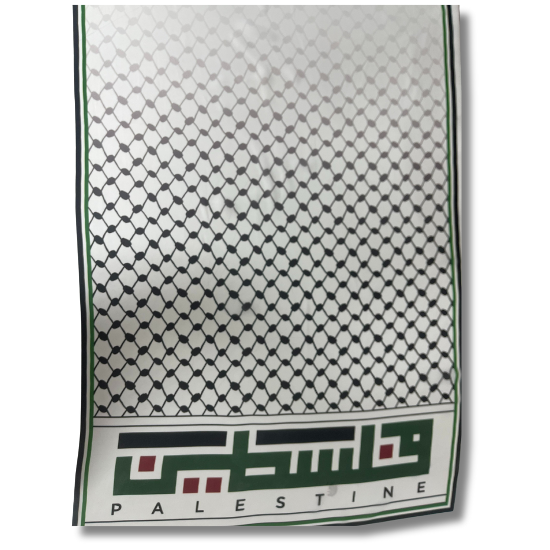 High-Quality Hijab with "Palestine" Written in Arabic and English