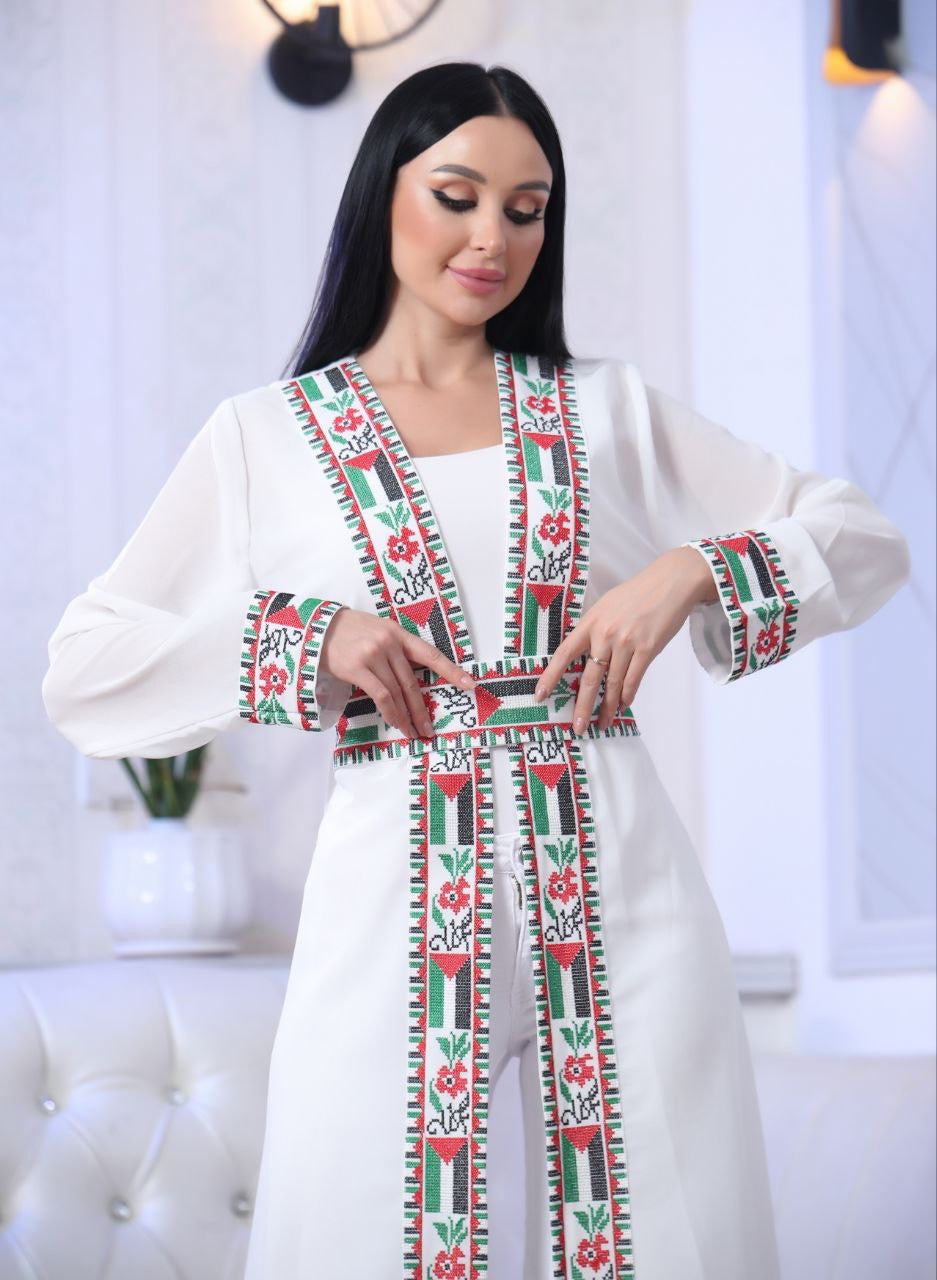 Chiffon Cardigan with Embroidered Palestinian Flag – Cultural Statement Piece