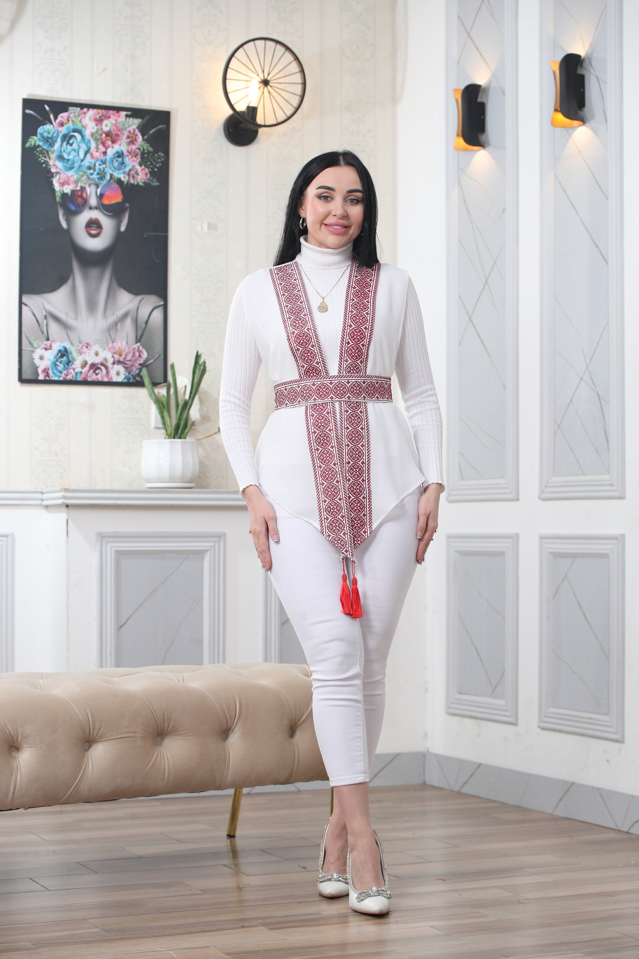 White Chiffon Vest  Colorful Embroidered