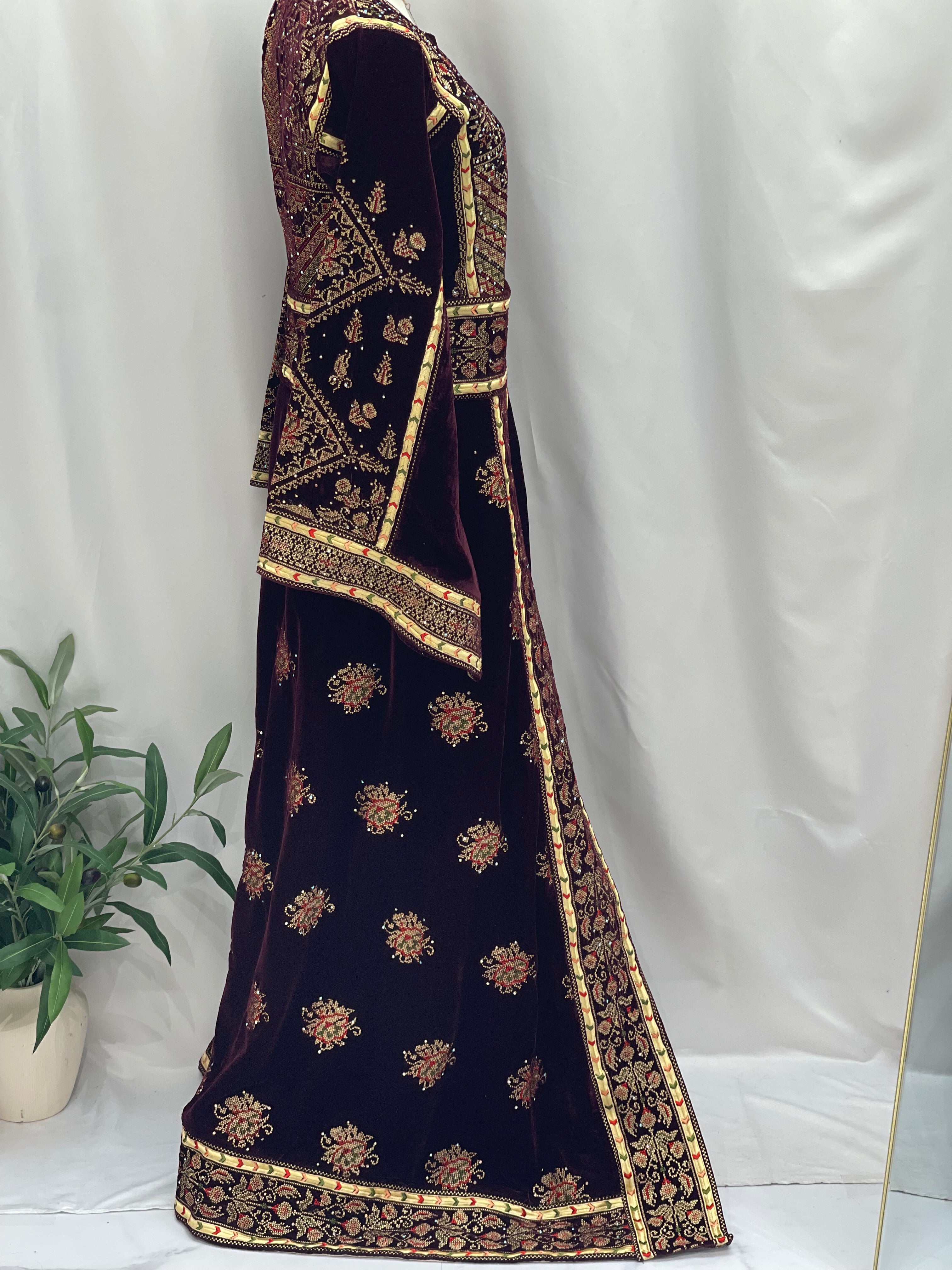 Maroon Velvet Thoub With Matching Overskirt