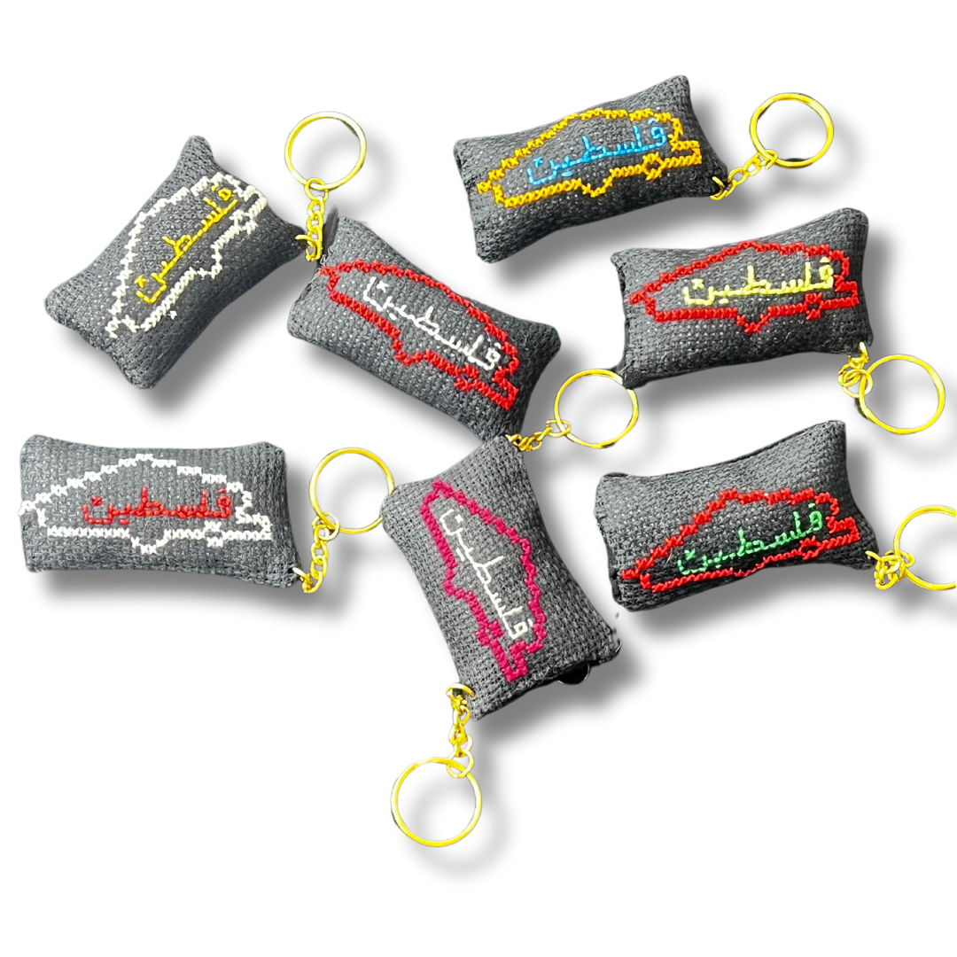 Assorted Black Palestine Map Tatreez Plushy Pillow Keychain with Arabic Design