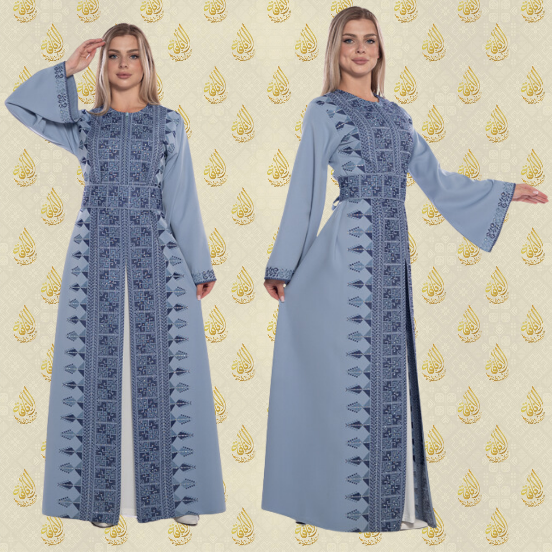 Sky Blue Bisht with Belt: Elegance in Tatreez and Diamonds