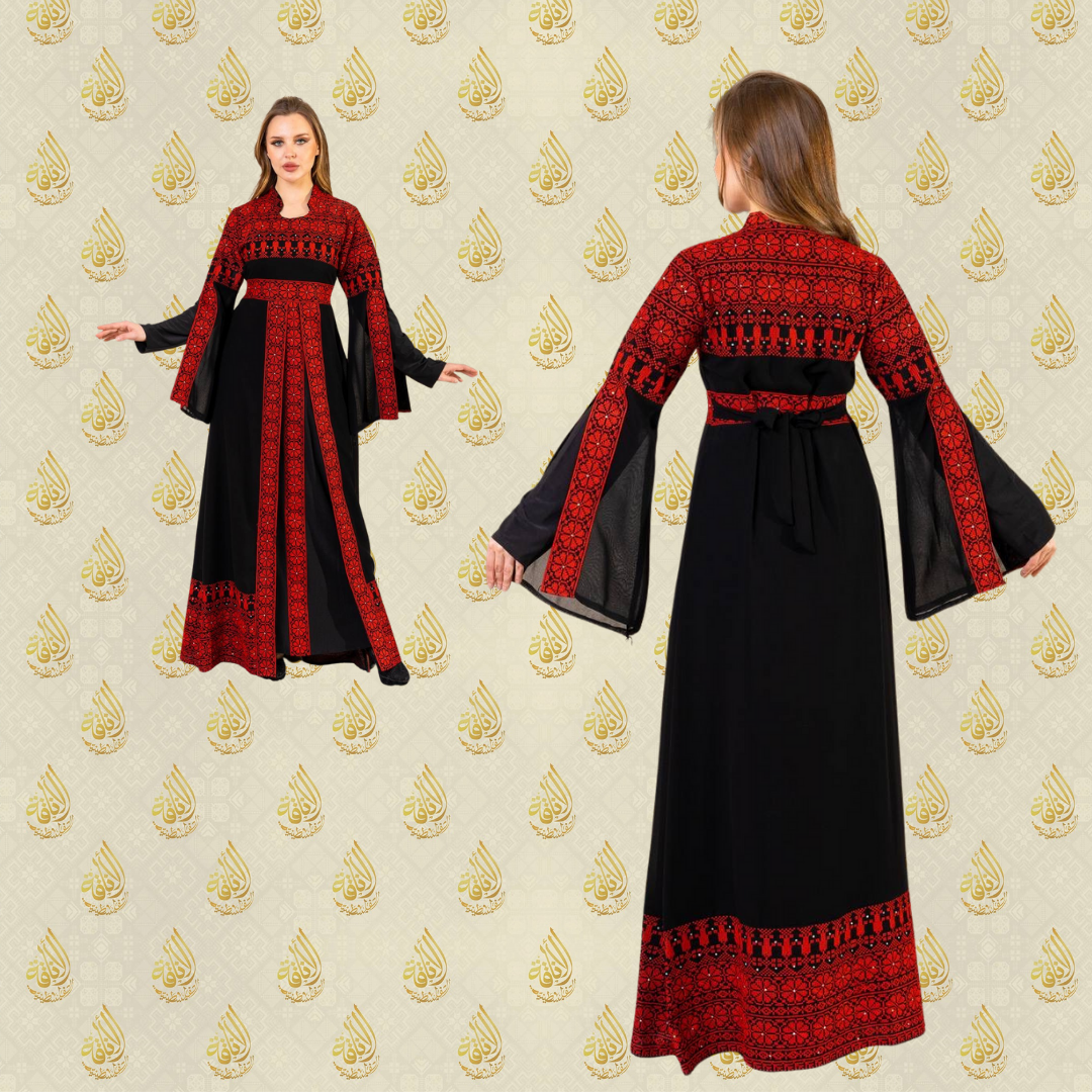 Open Sleeve Black and Red Tatreez Dress