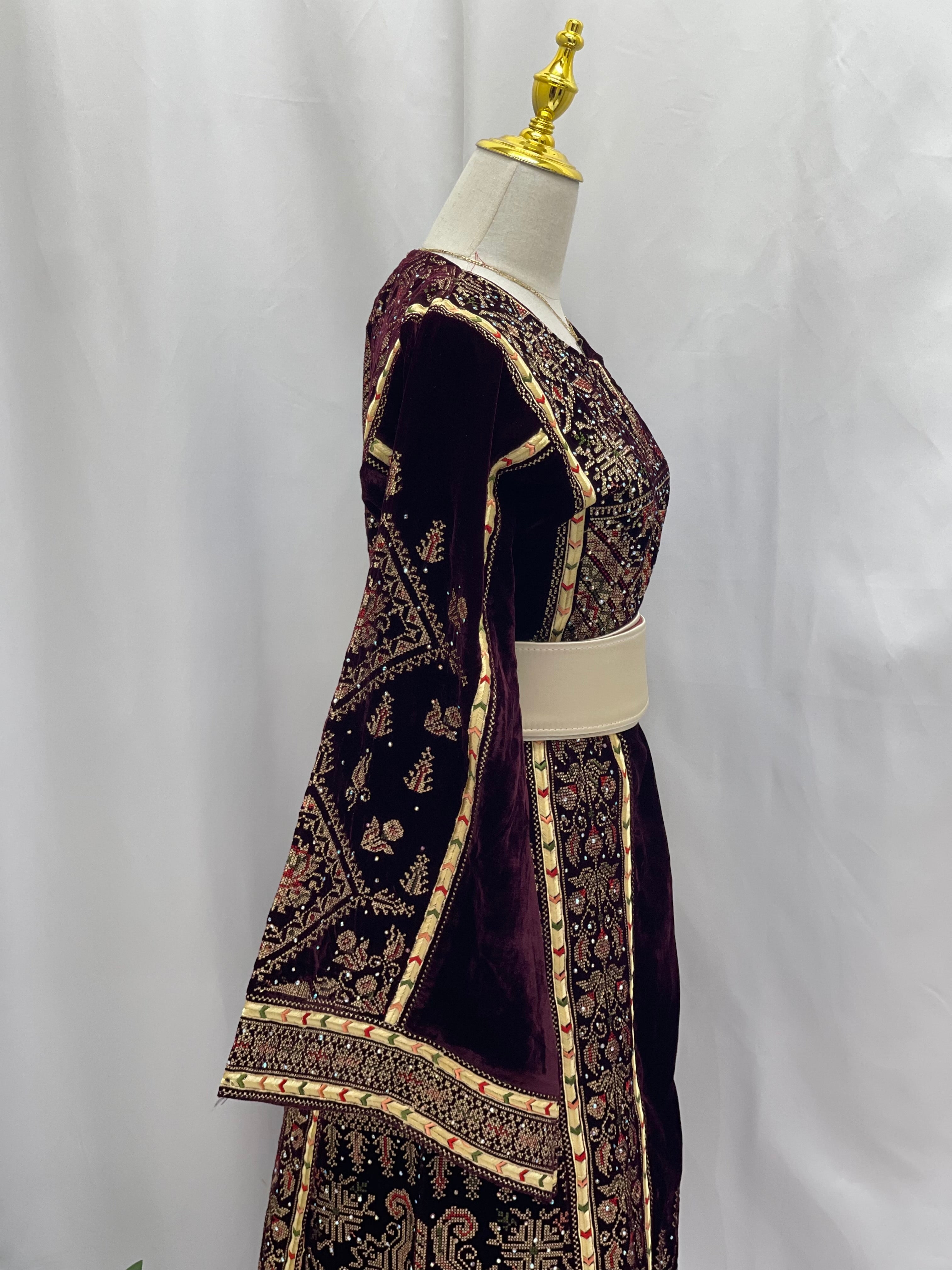 Maroon Velvet Thoub With Matching Overskirt