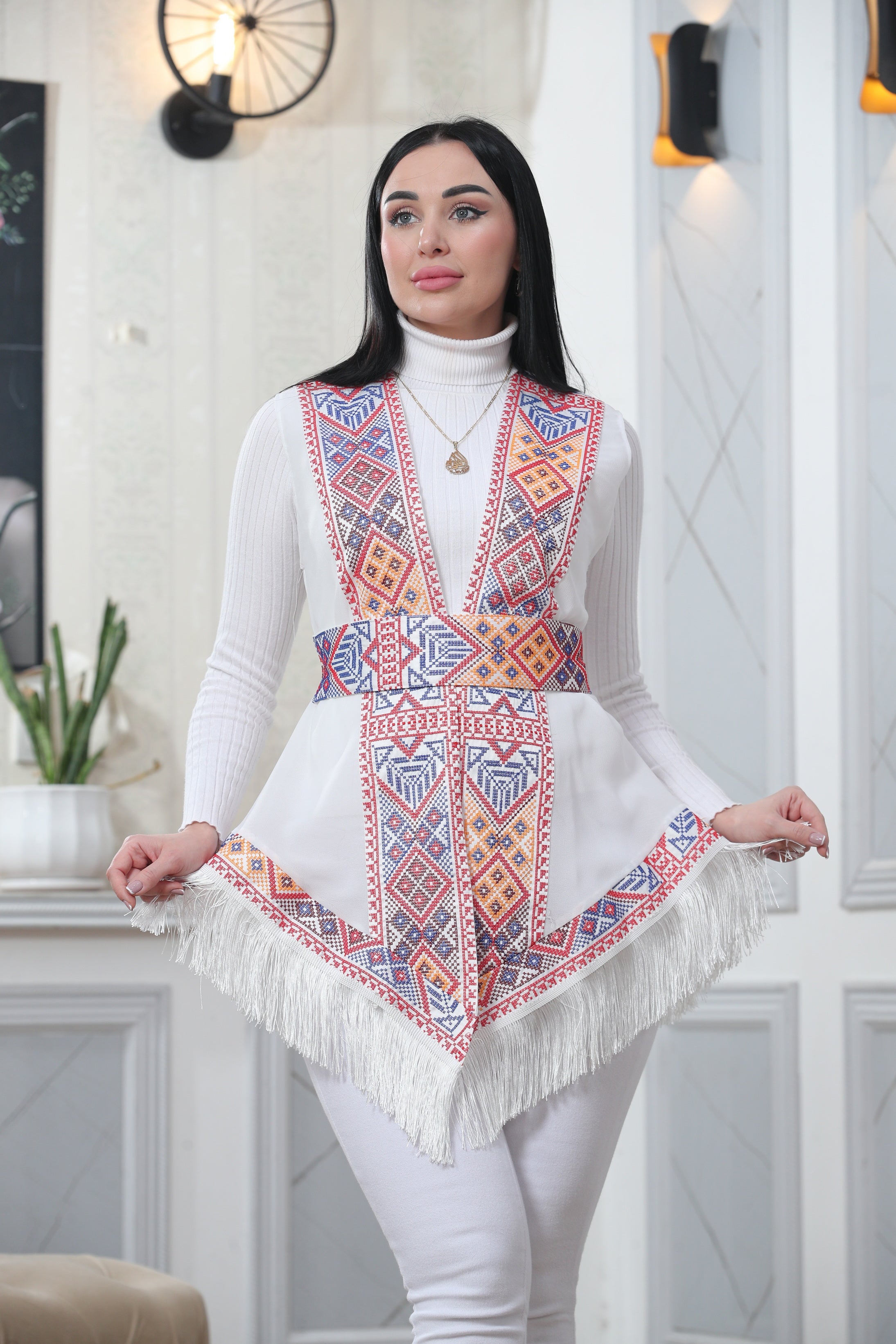 Embroidered Chiffon Vest With Tassels