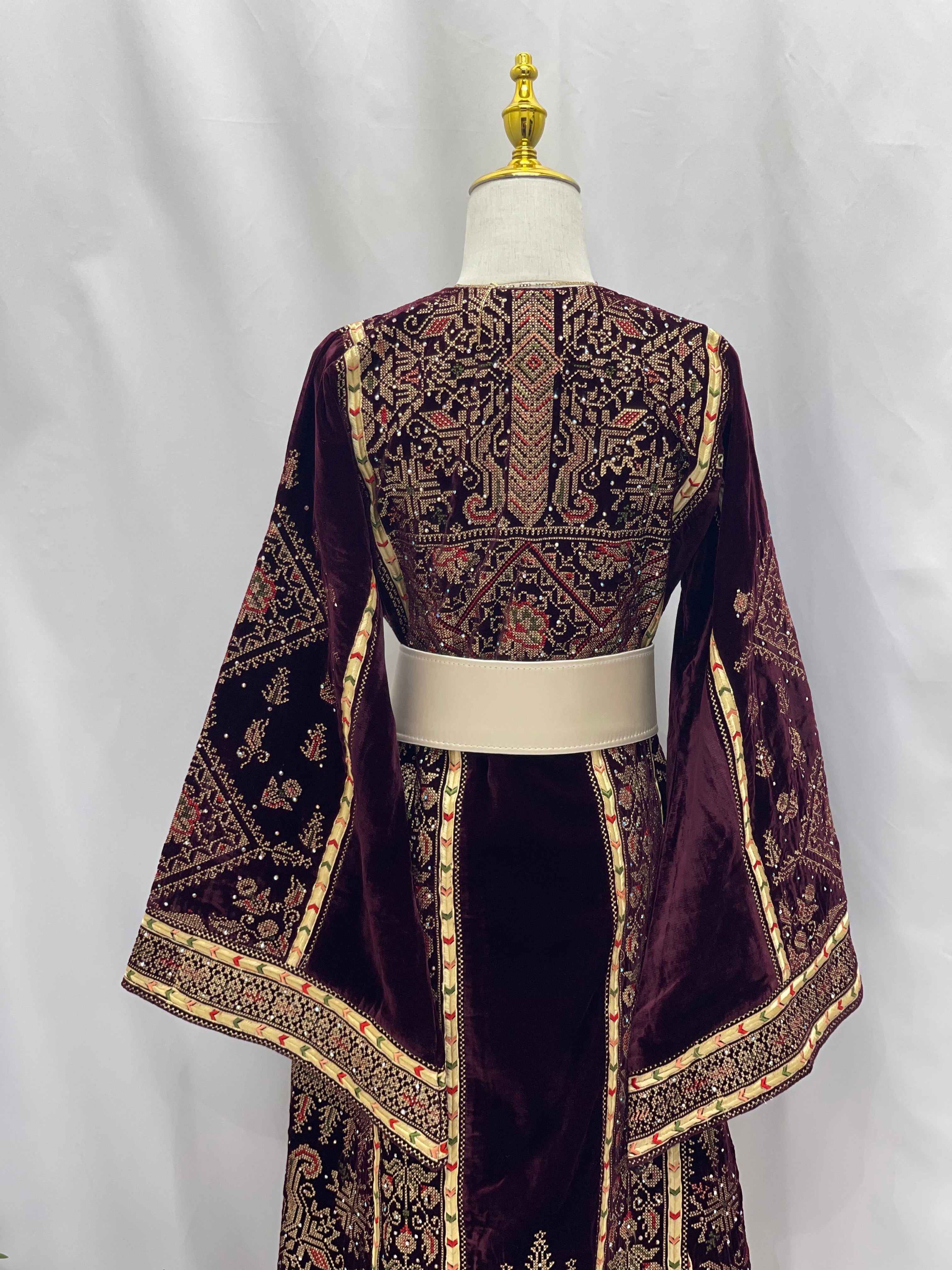 Maroon Velvet Thoub With Matching Overskirt