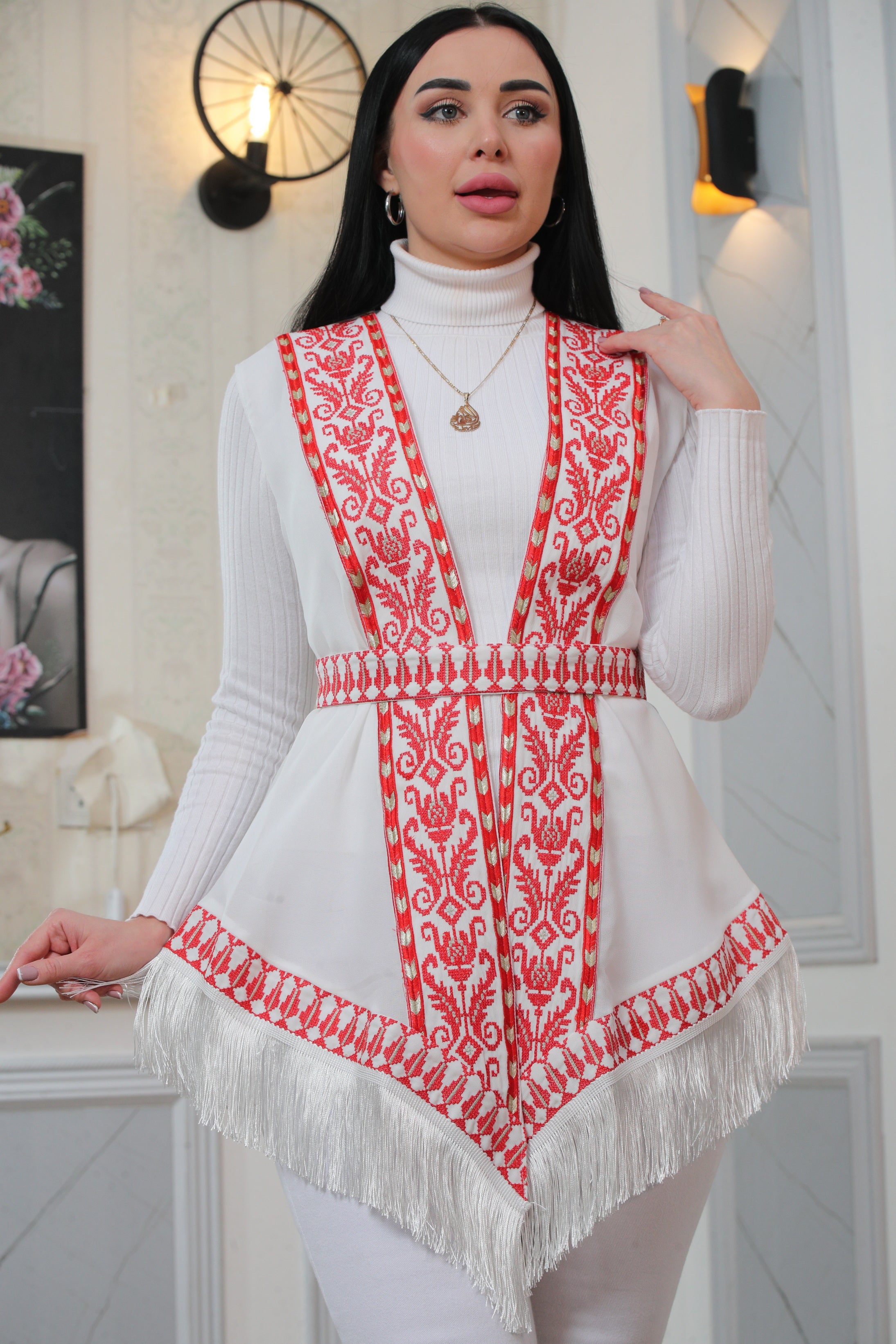 Embroidered Chiffon Vest With Tassels