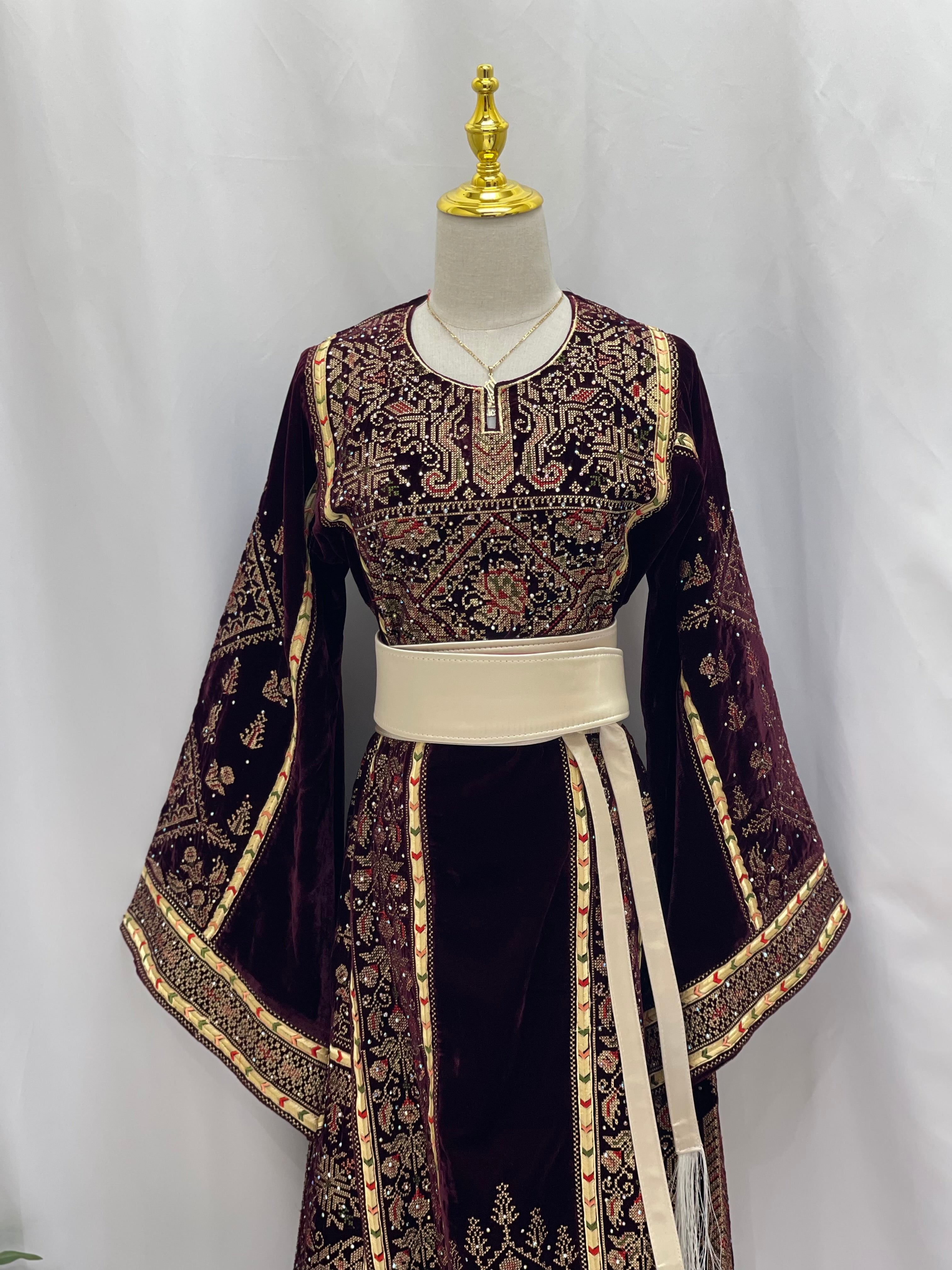 Maroon Velvet Thoub With Matching Overskirt