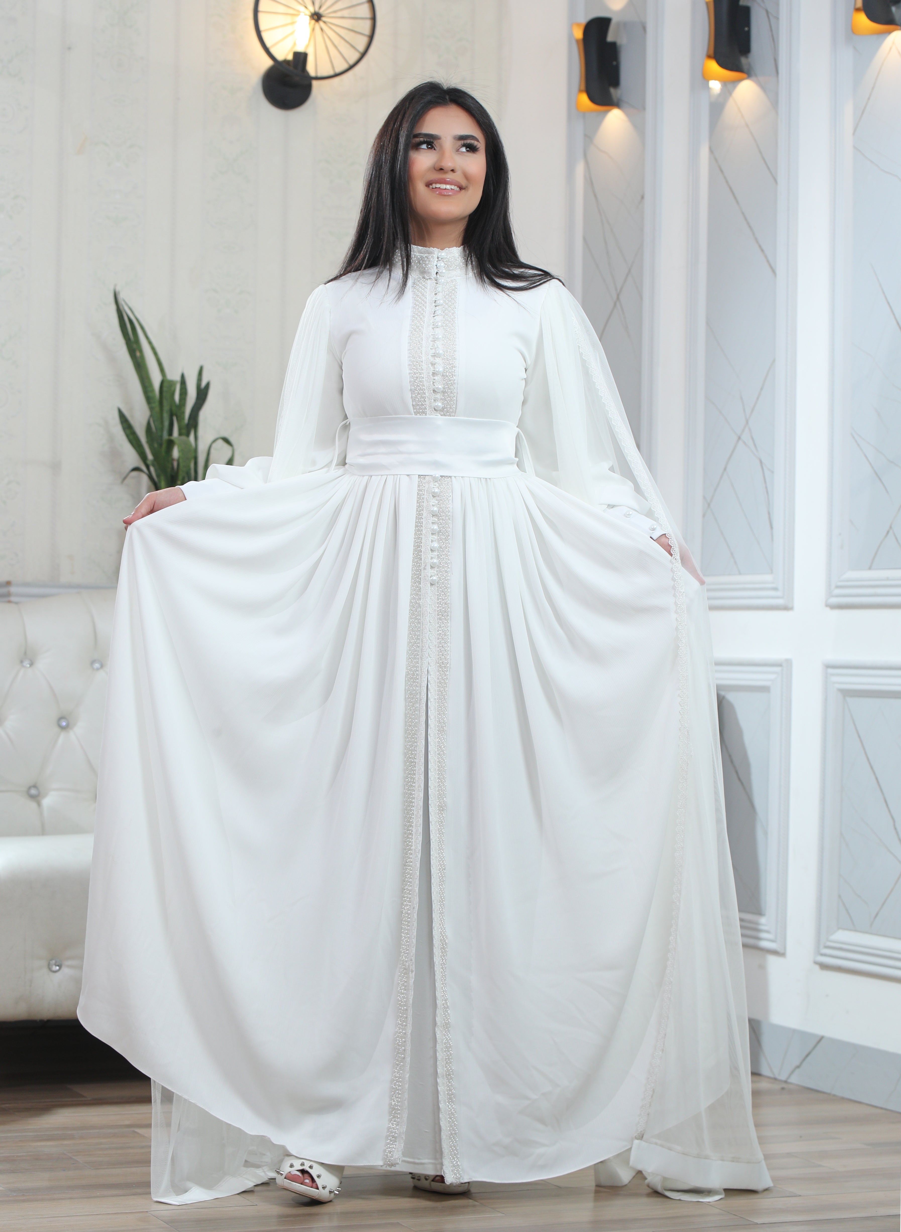Cloak Sleeves Formal Dress with beads & Pearls