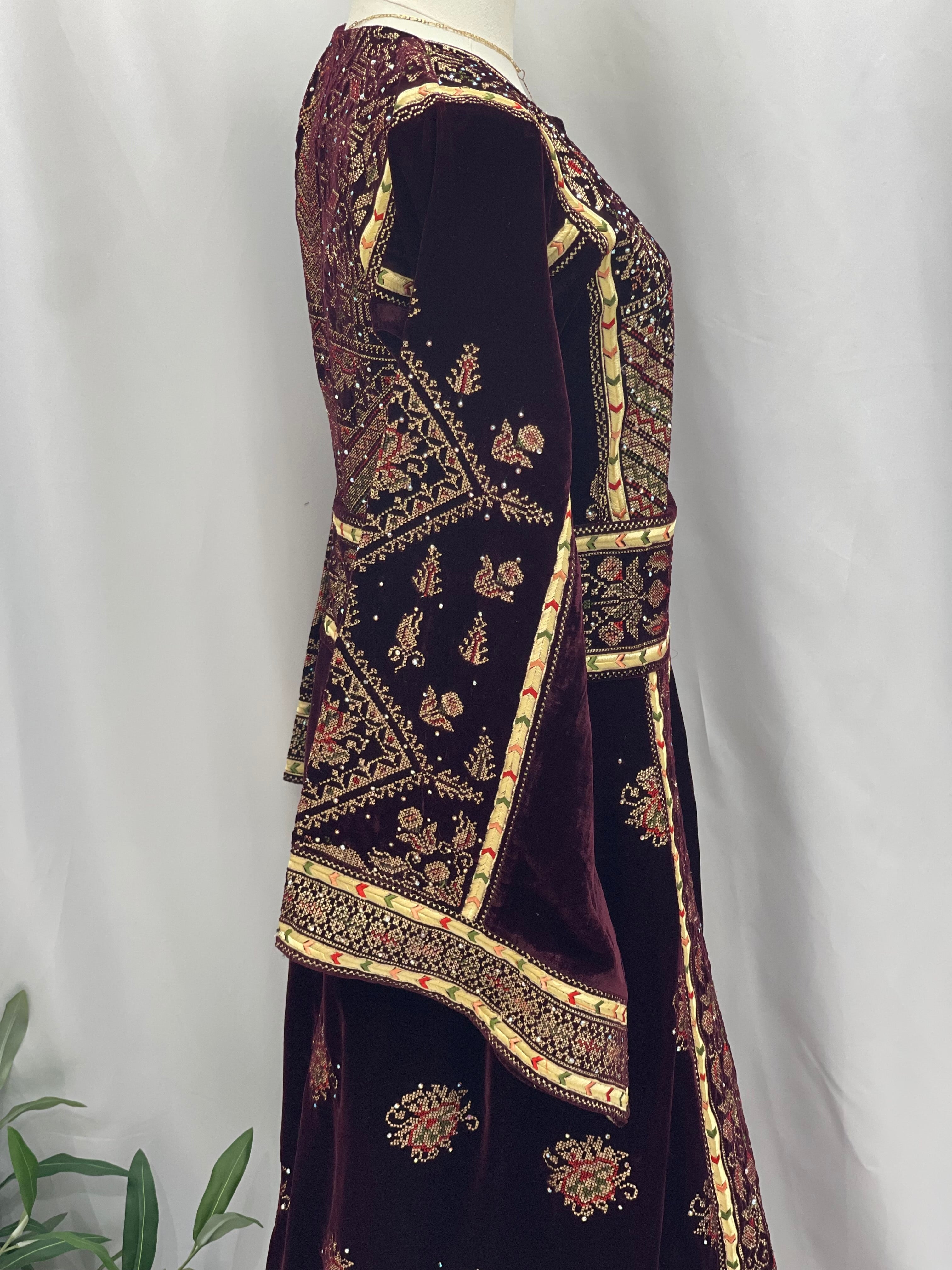 Maroon Velvet Thoub With Matching Overskirt