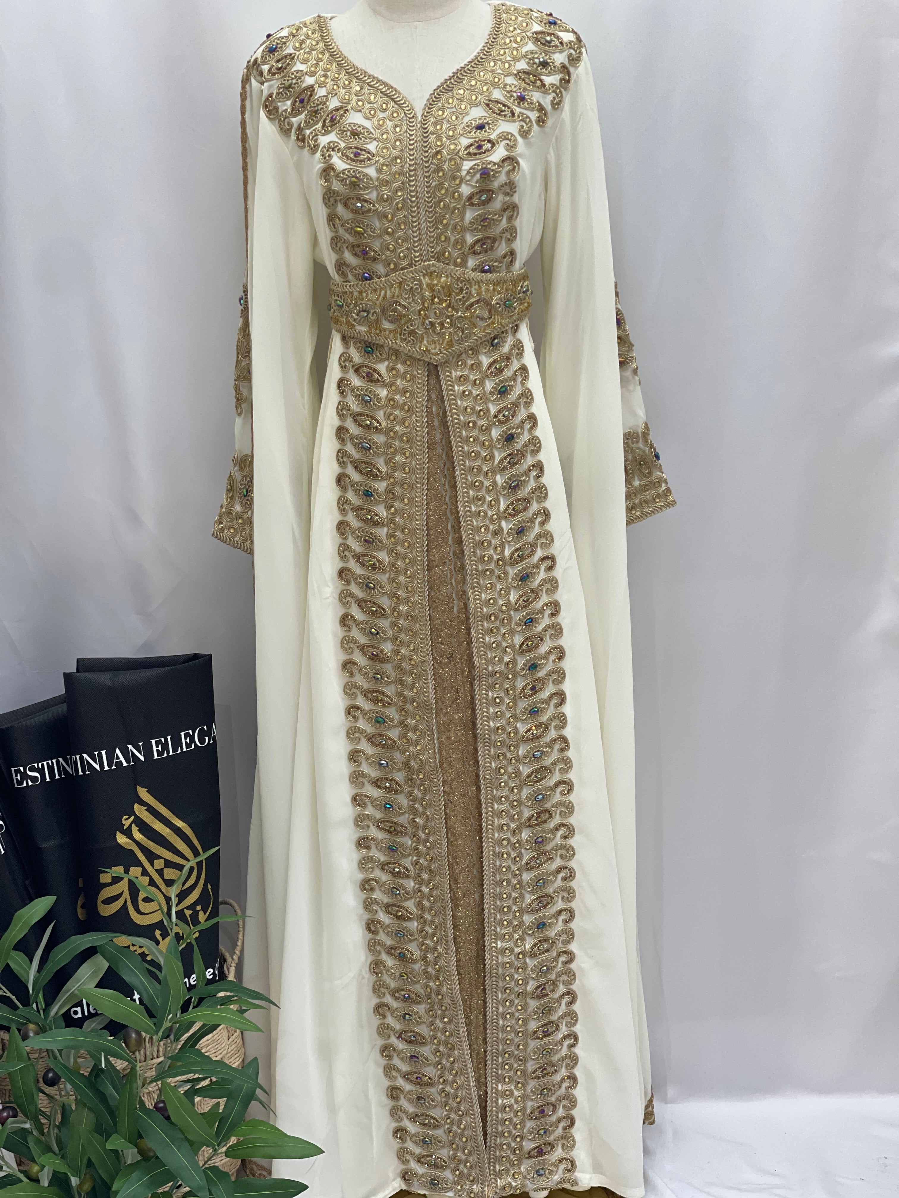 Ivory Gold Kaftan: Elegance and Opulence in Luxurious Fabric