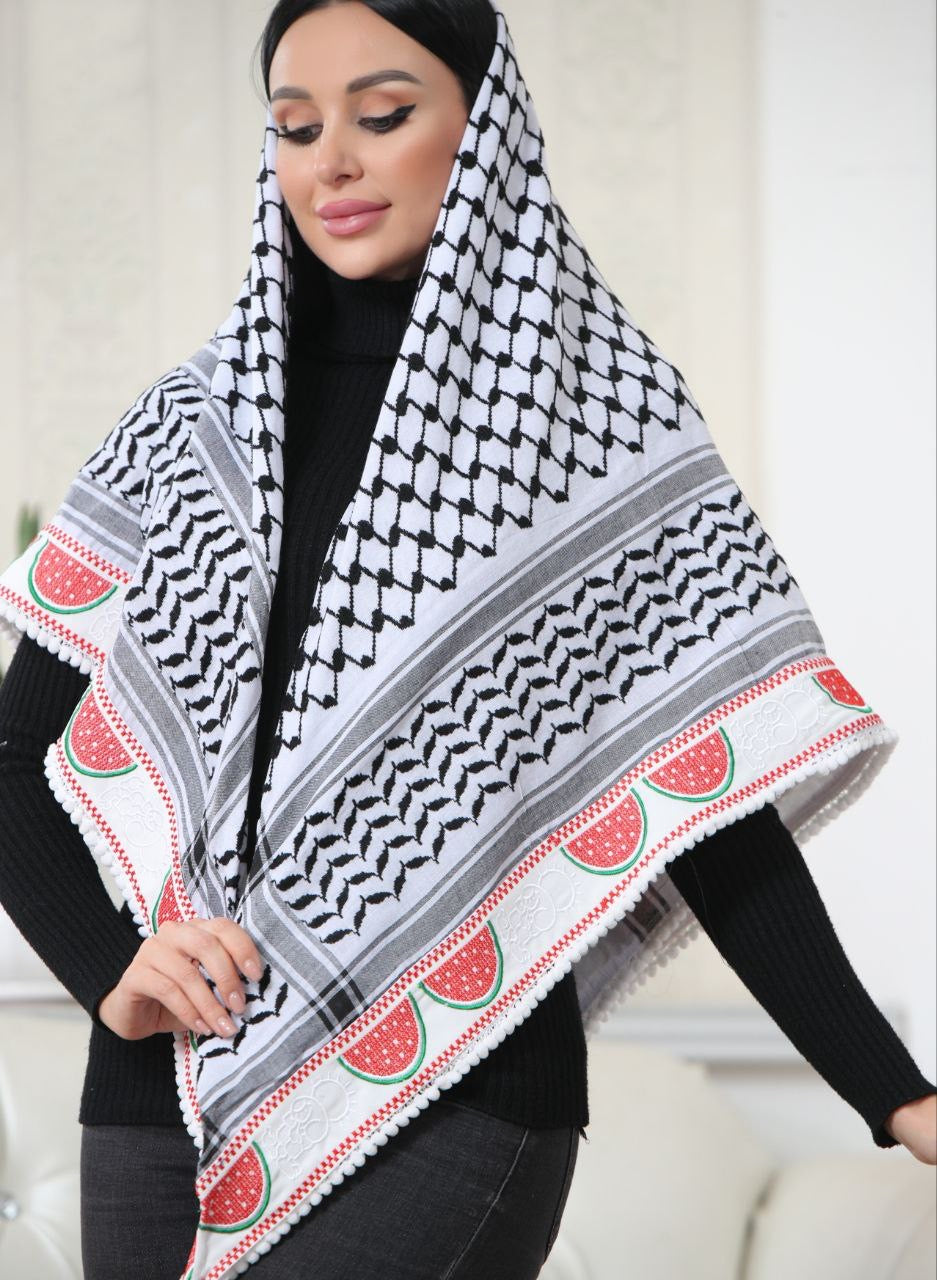 Hanzala & Watermelon Embroidered Kuffiyeh: Elegance and Cultural Charm