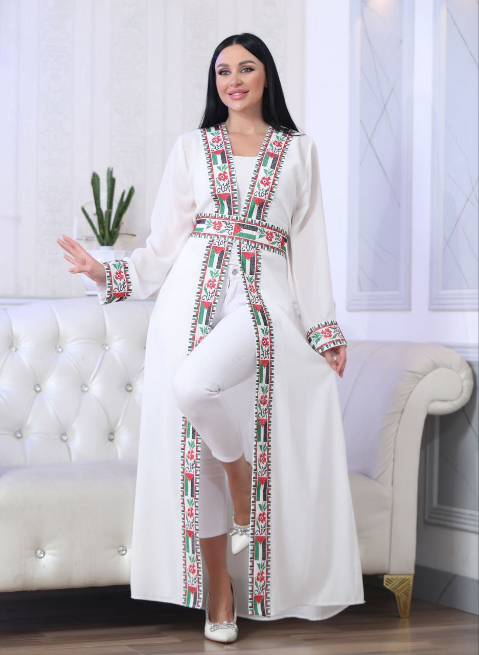 Chiffon Cardigan with Embroidered Palestinian Flag – Cultural Statement Piece