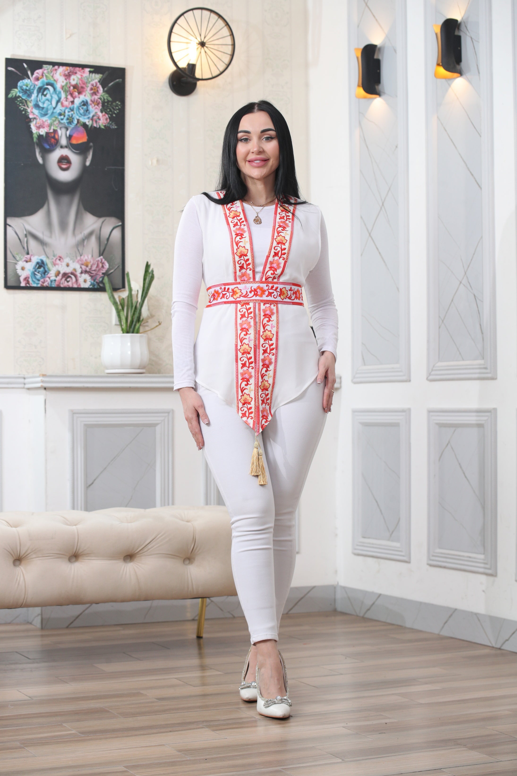 White Chiffon Vest  Colorful Embroidered