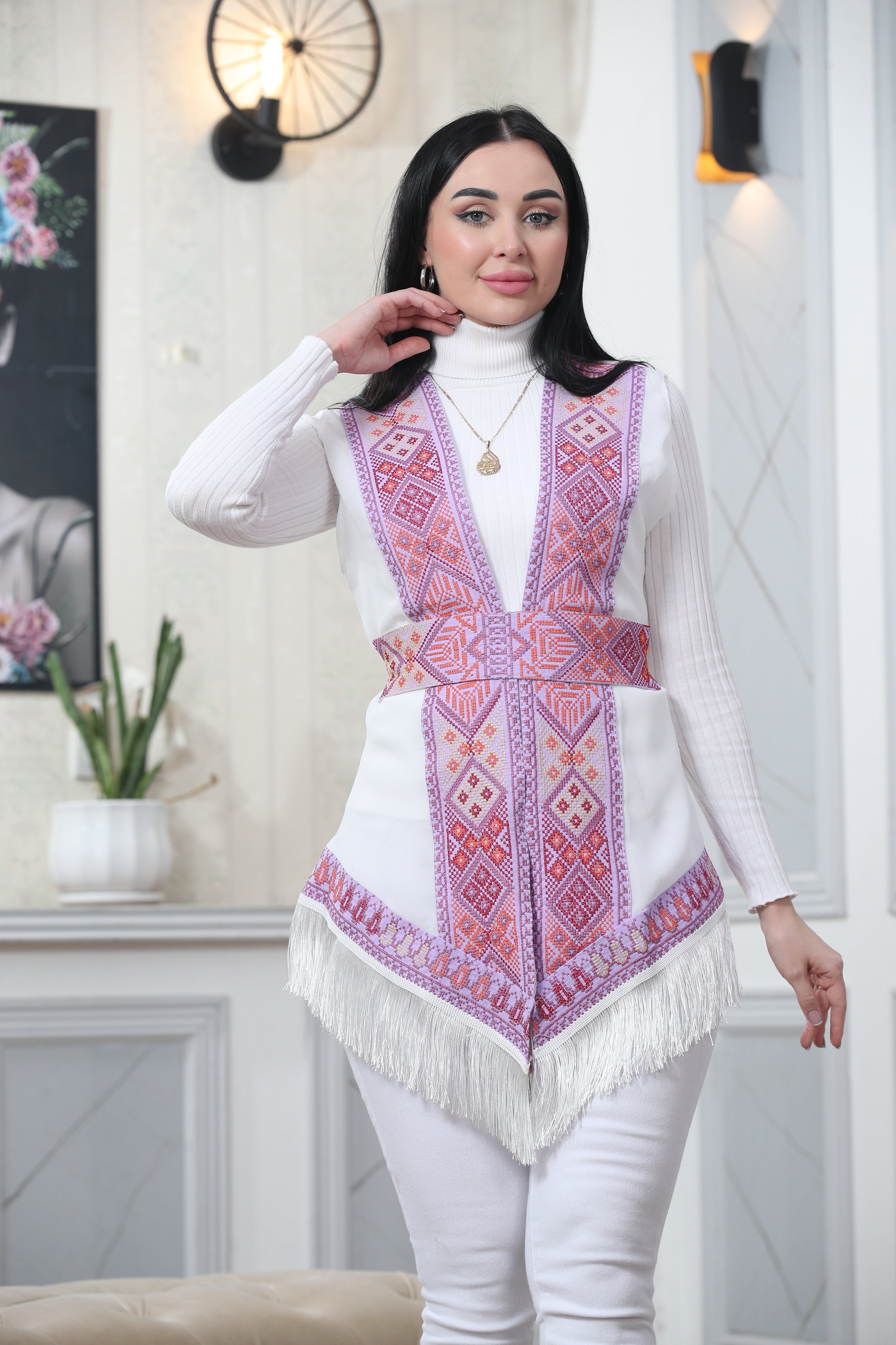 Embroidered Chiffon Vest With Tassels