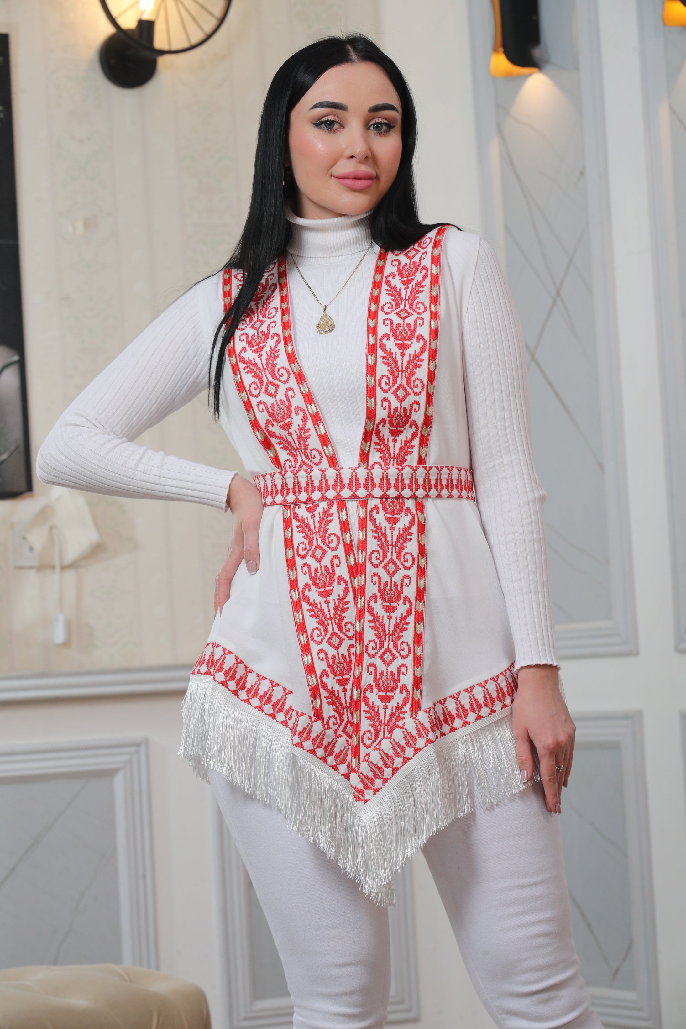 Embroidered Chiffon Vest With Tassels