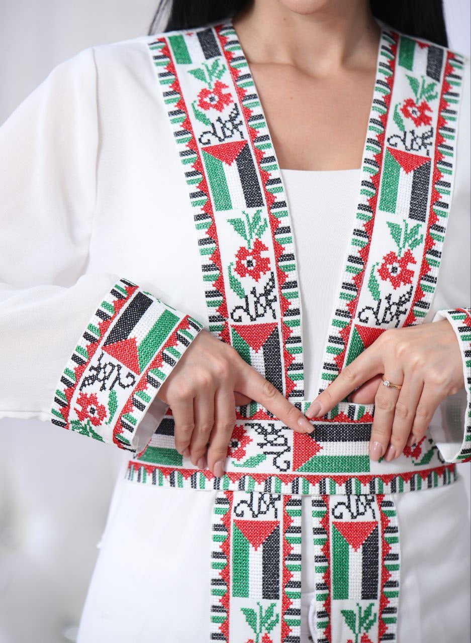 Chiffon Cardigan with Embroidered Palestinian Flag – Cultural Statement Piece