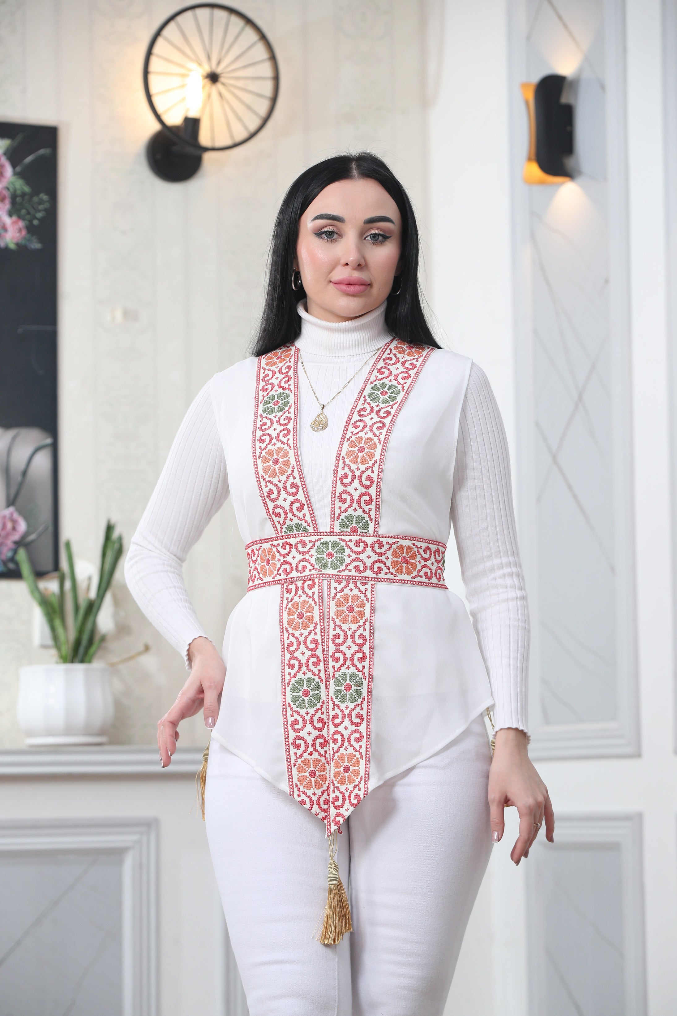 White Chiffon Vest  Colorful Embroidered