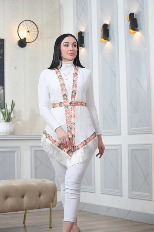 Vibrant Elegance: White Chiffon Vest with Colorful Embroidery