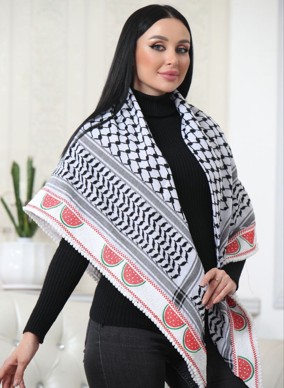 Hanzala & Watermelon Embroidered Kuffiyeh: Elegance and Cultural Charm