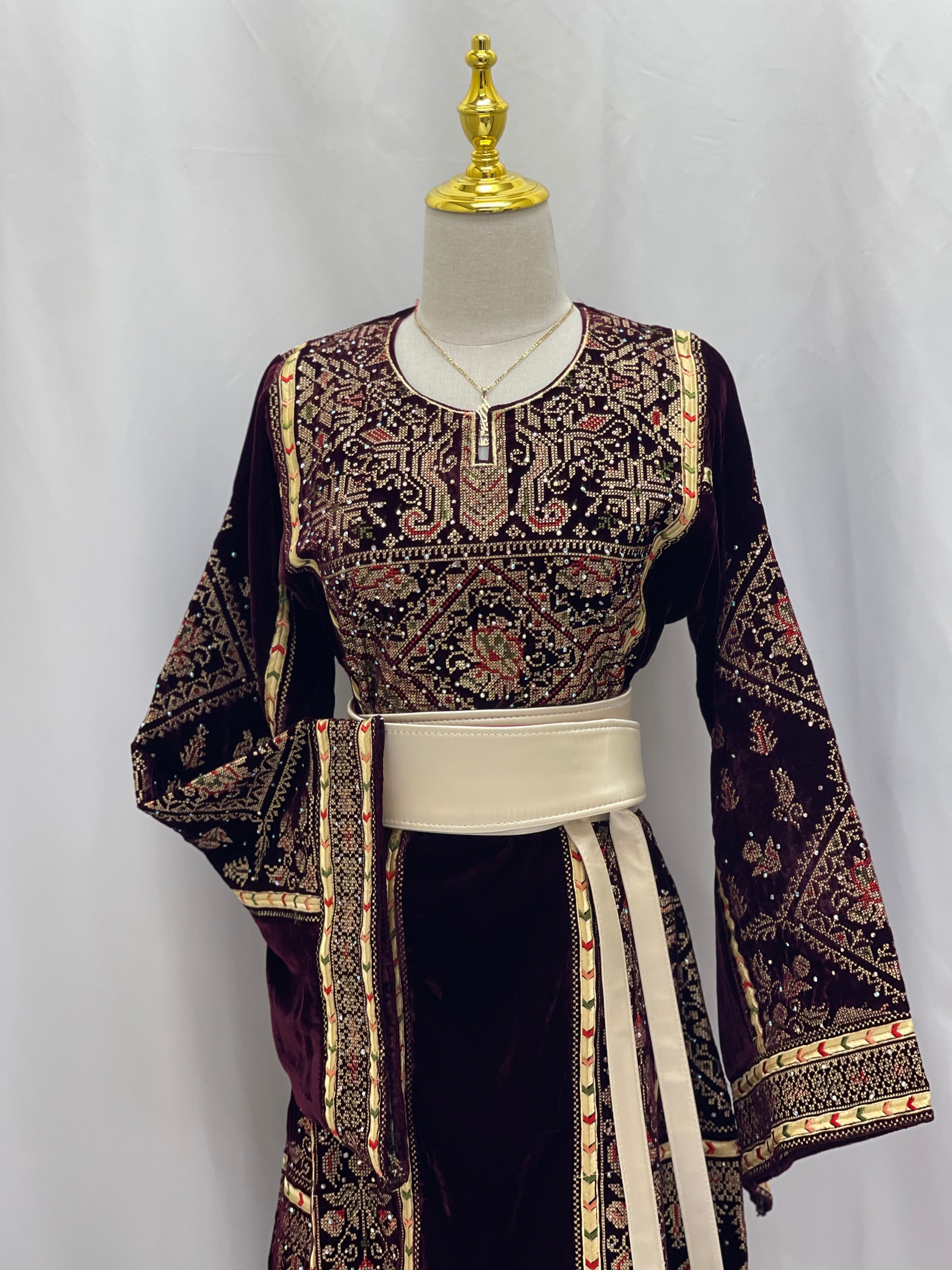 Maroon Velvet Thoub With Matching Overskirt