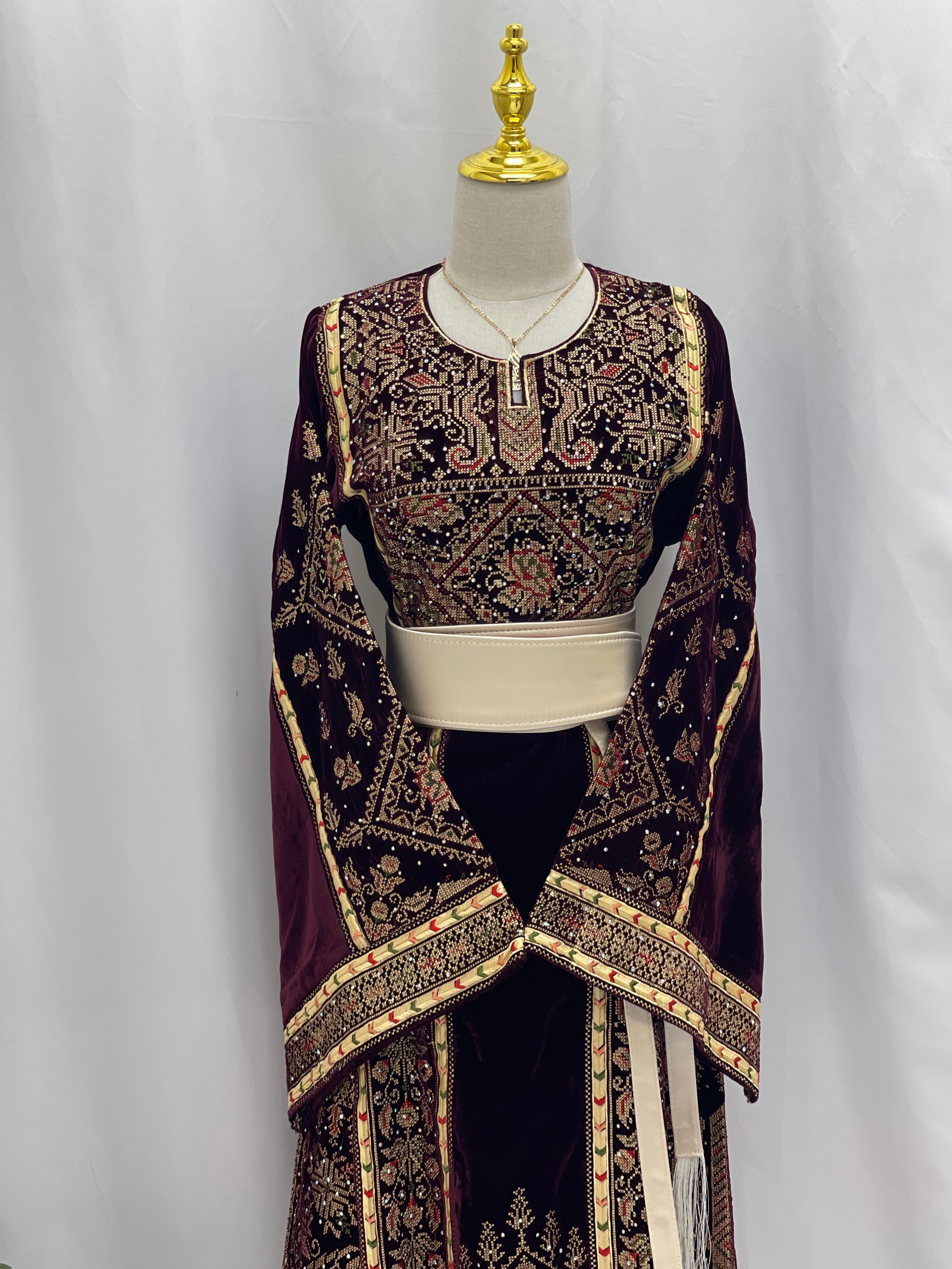 Maroon Velvet Thoub With Matching Overskirt