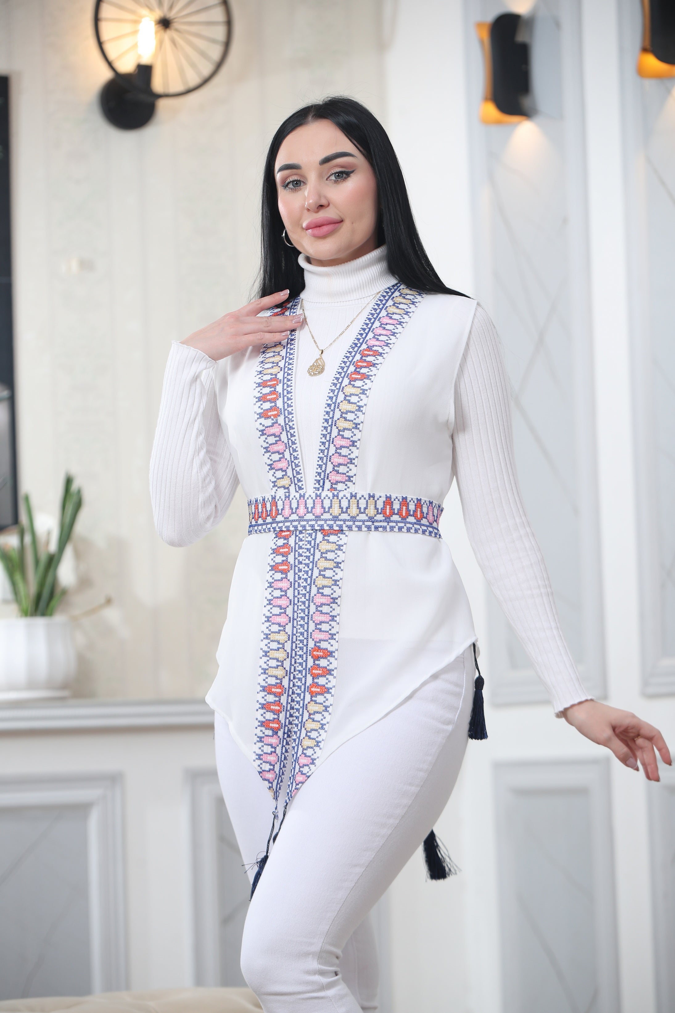 White Chiffon Vest  Colorful Embroidered