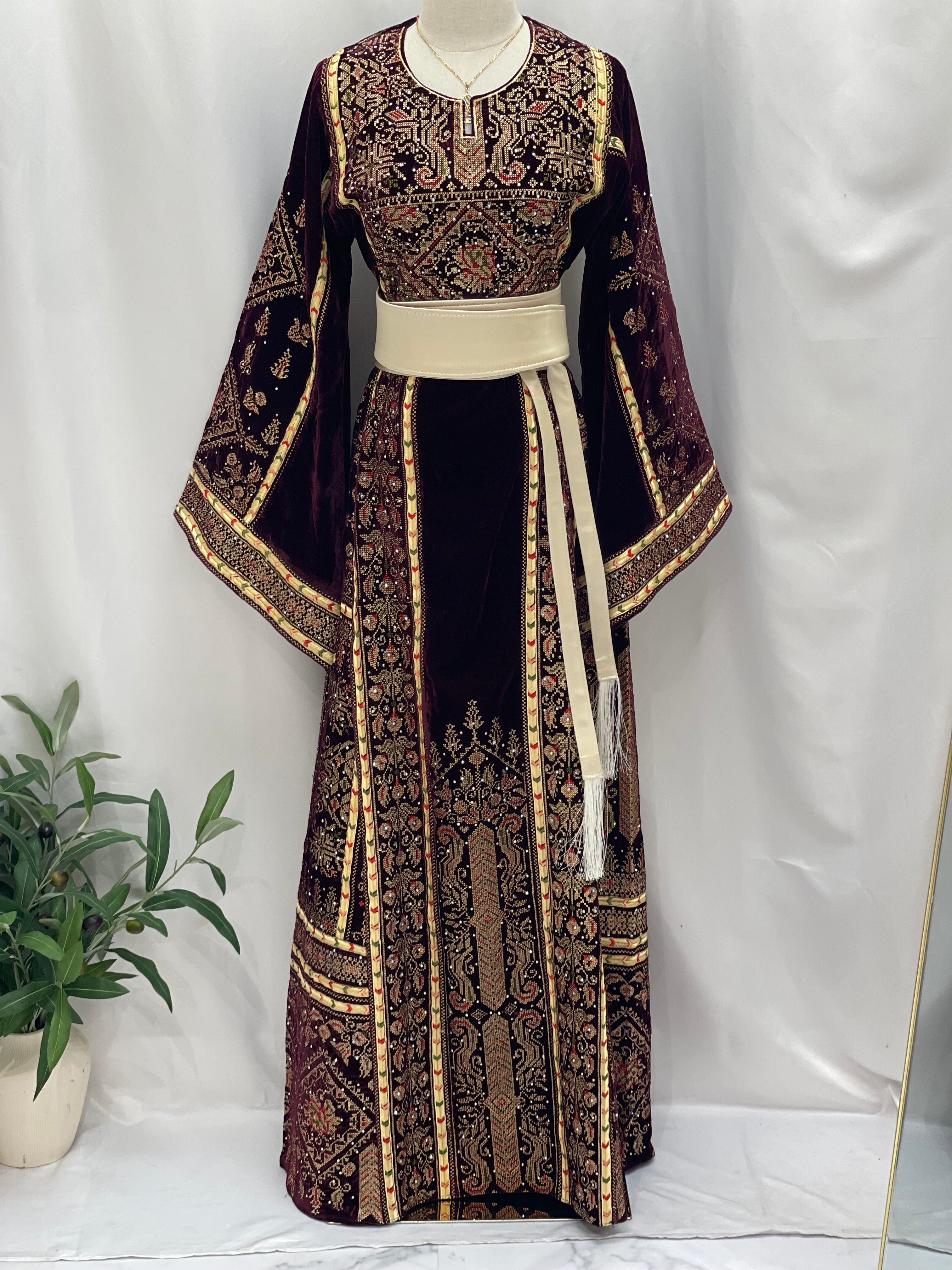 Maroon Velvet Thoub With Matching Overskirt