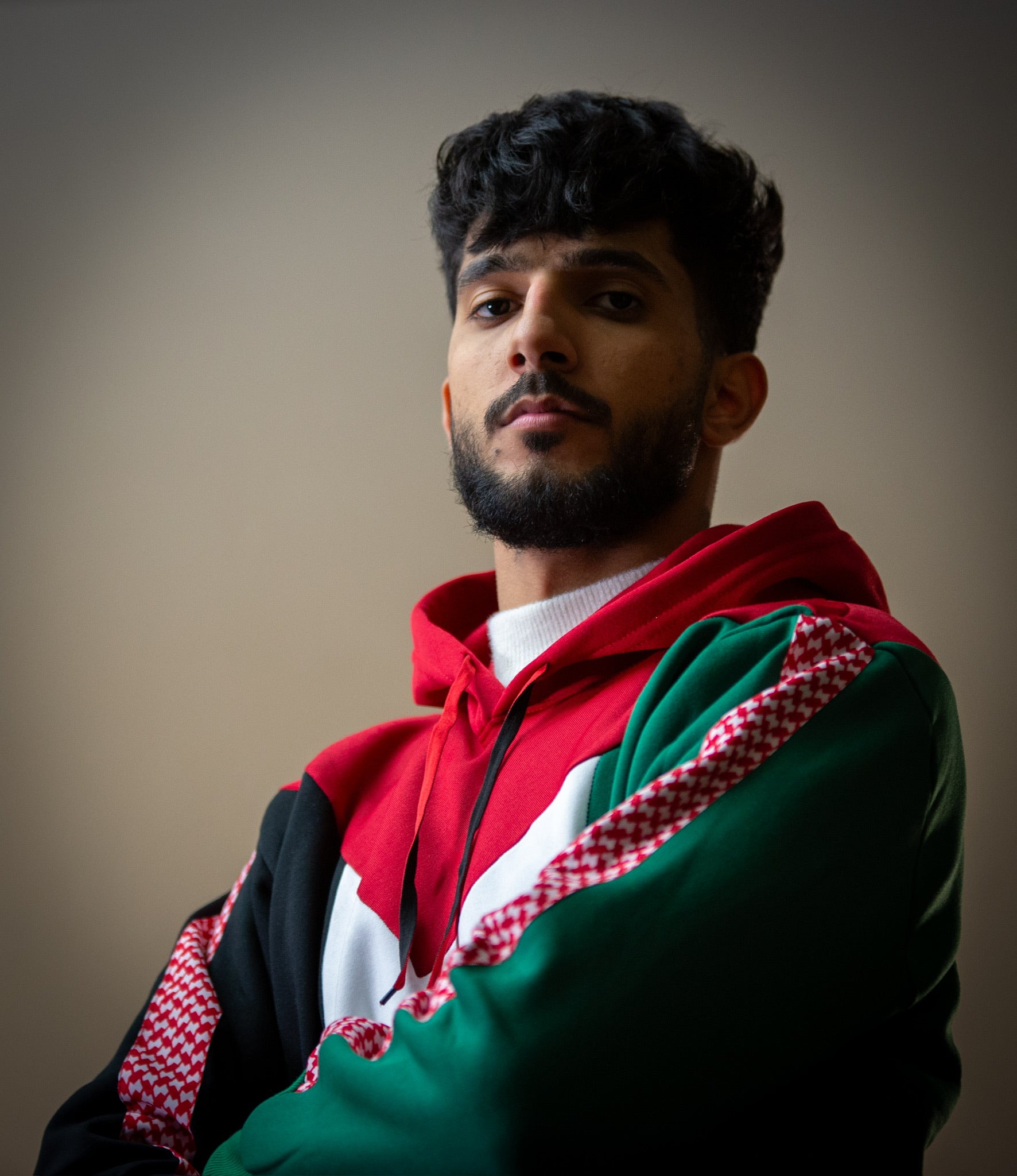 Palestine Flag Designed Hoodie with Red Kuffiyeh Sleeves