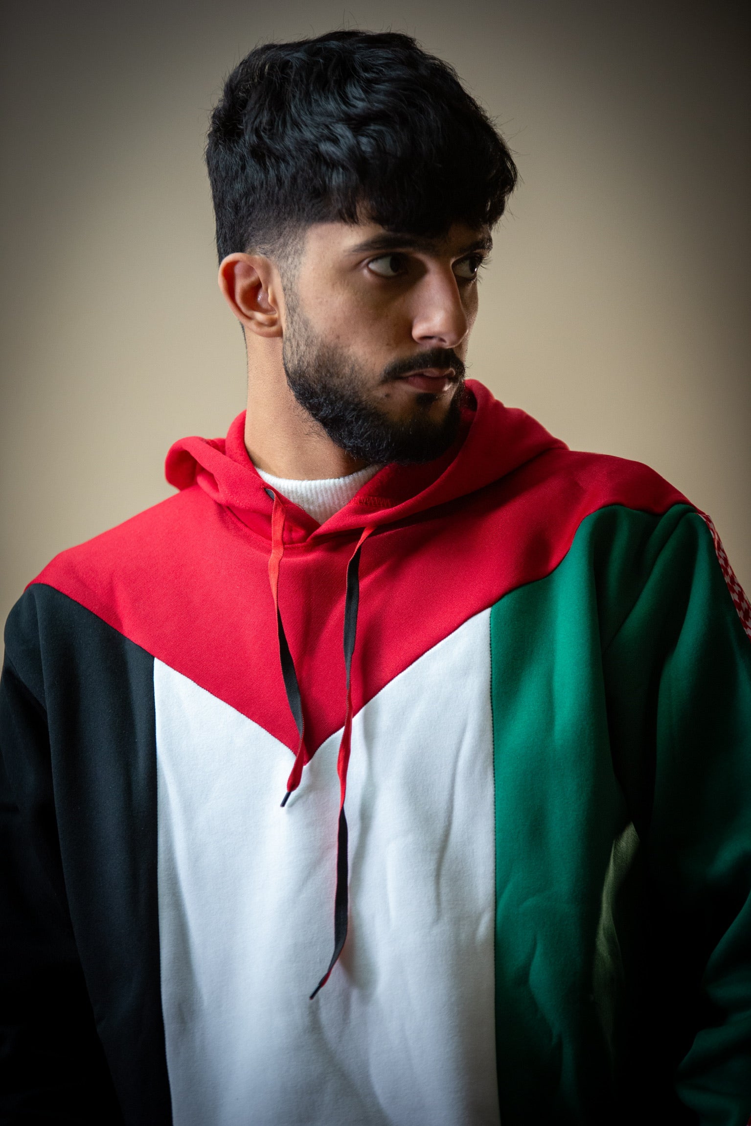 Palestine Flag Designed Hoodie with Red Kuffiyeh Sleeves