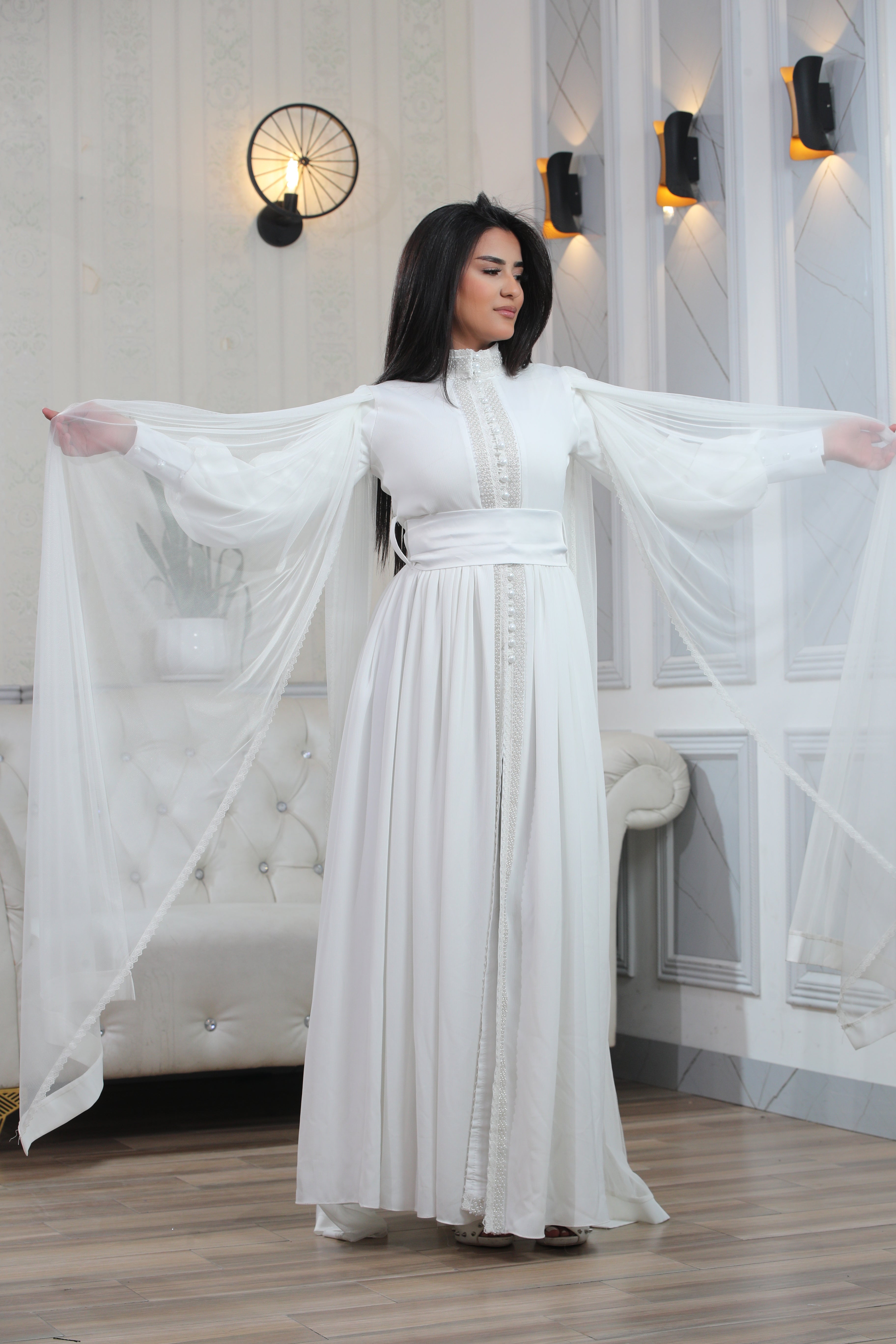 Cloak Sleeves Formal Dress with beads & Pearls