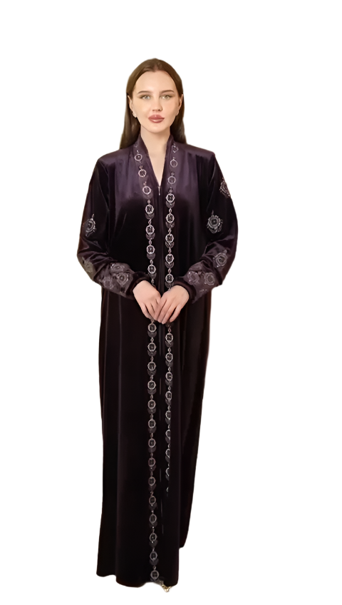 Purple Embroidered Velvet Abaya - Women's Luxurious and Elegant Fashion