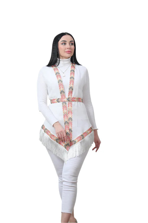 Vibrant Elegance: White Chiffon Vest with Colorful Embroidery