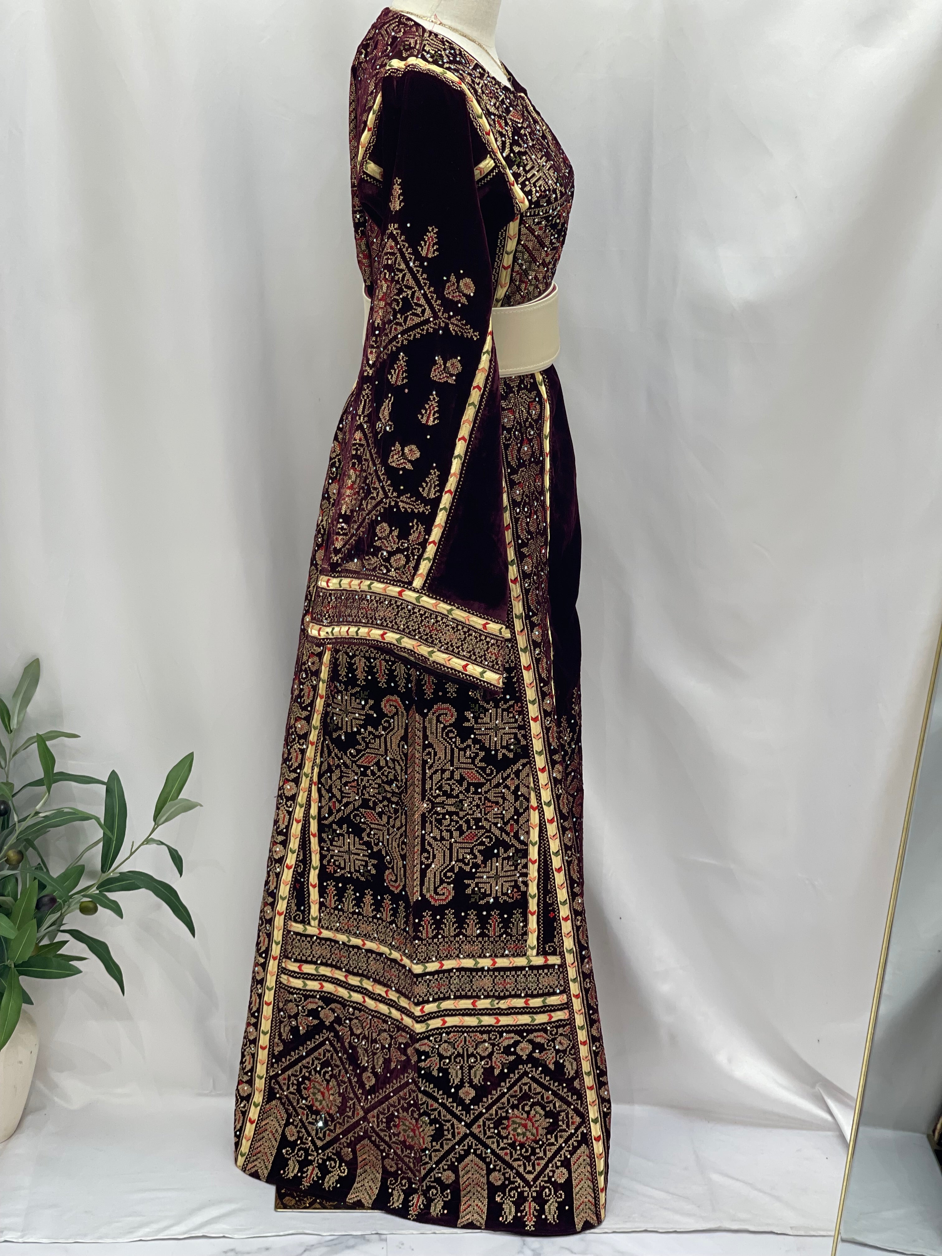 Maroon Velvet Thoub With Matching Overskirt