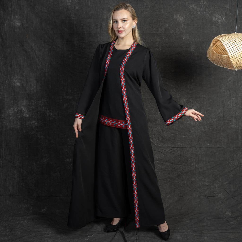 Palestinian Tatreez Pants and Shirt with Abaya - 3pcs: Cultural Elegance and Traditional Craftsmanship