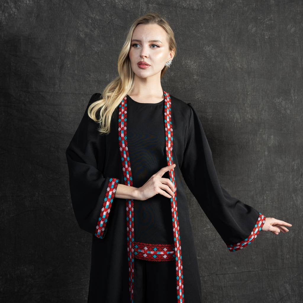 Palestinian Tatreez Pants and Shirt with Abaya - 3pcs: Cultural Elegance and Traditional Craftsmanship