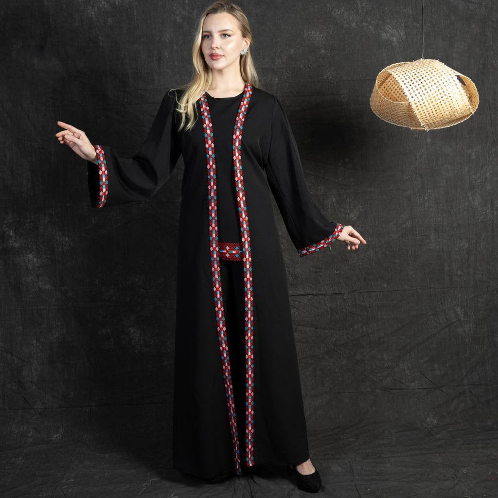 Palestinian Tatreez Pants and Shirt with Abaya - 3pcs: Cultural Elegance and Traditional Craftsmanship