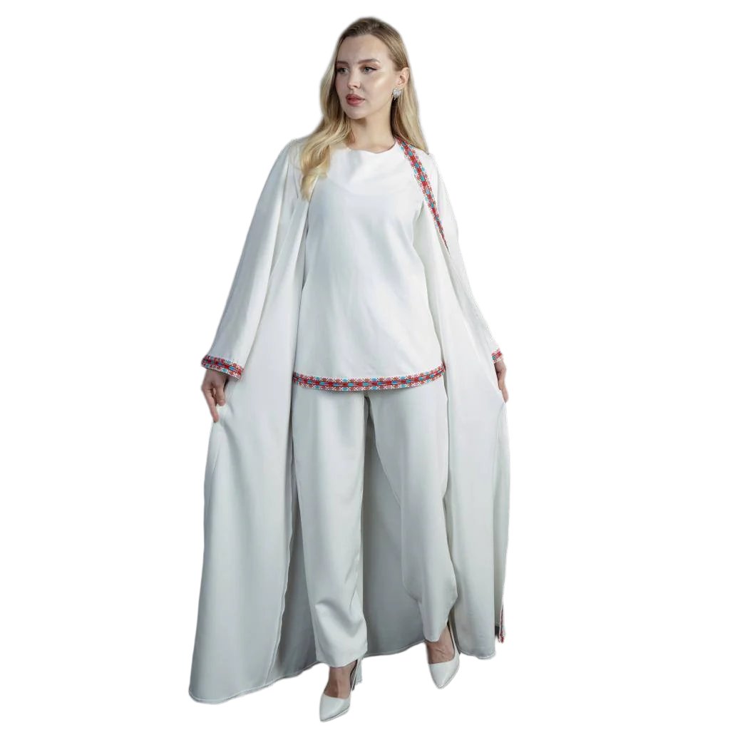 Palestinian Tatreez Pants and Shirt with Abaya - 3pcs: Cultural Elegance and Traditional Craftsmanship