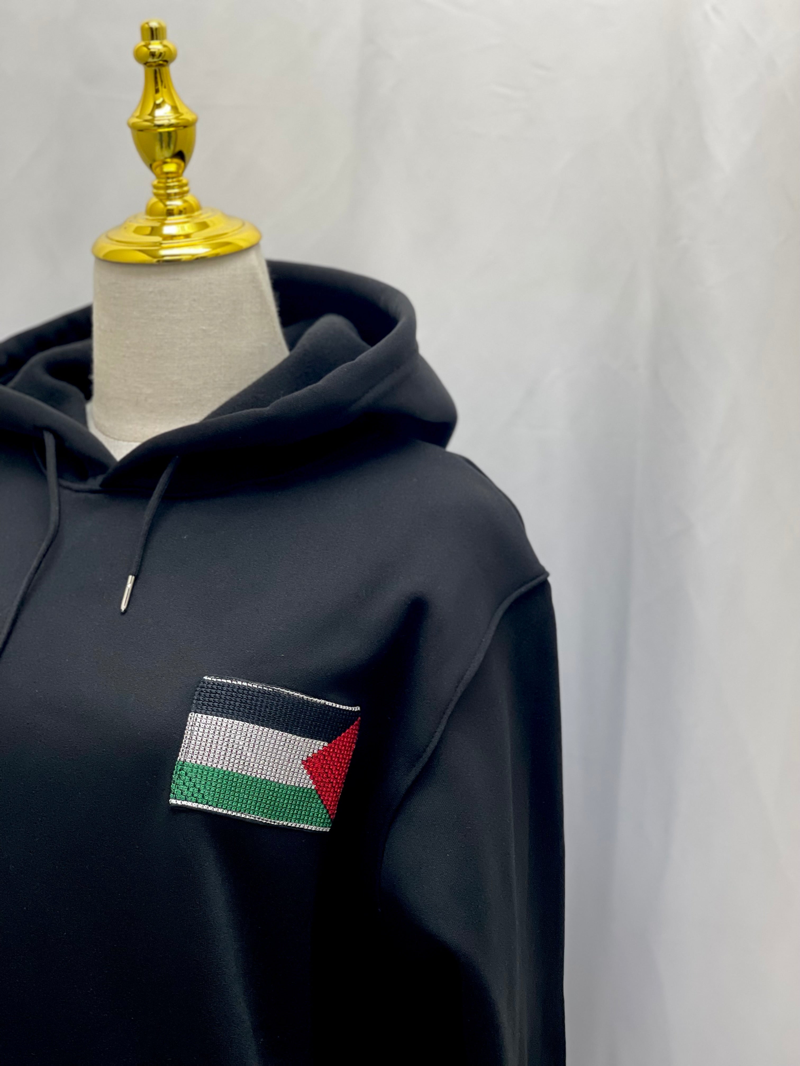 Black Hoodie with Embroidered Palestinian Flag