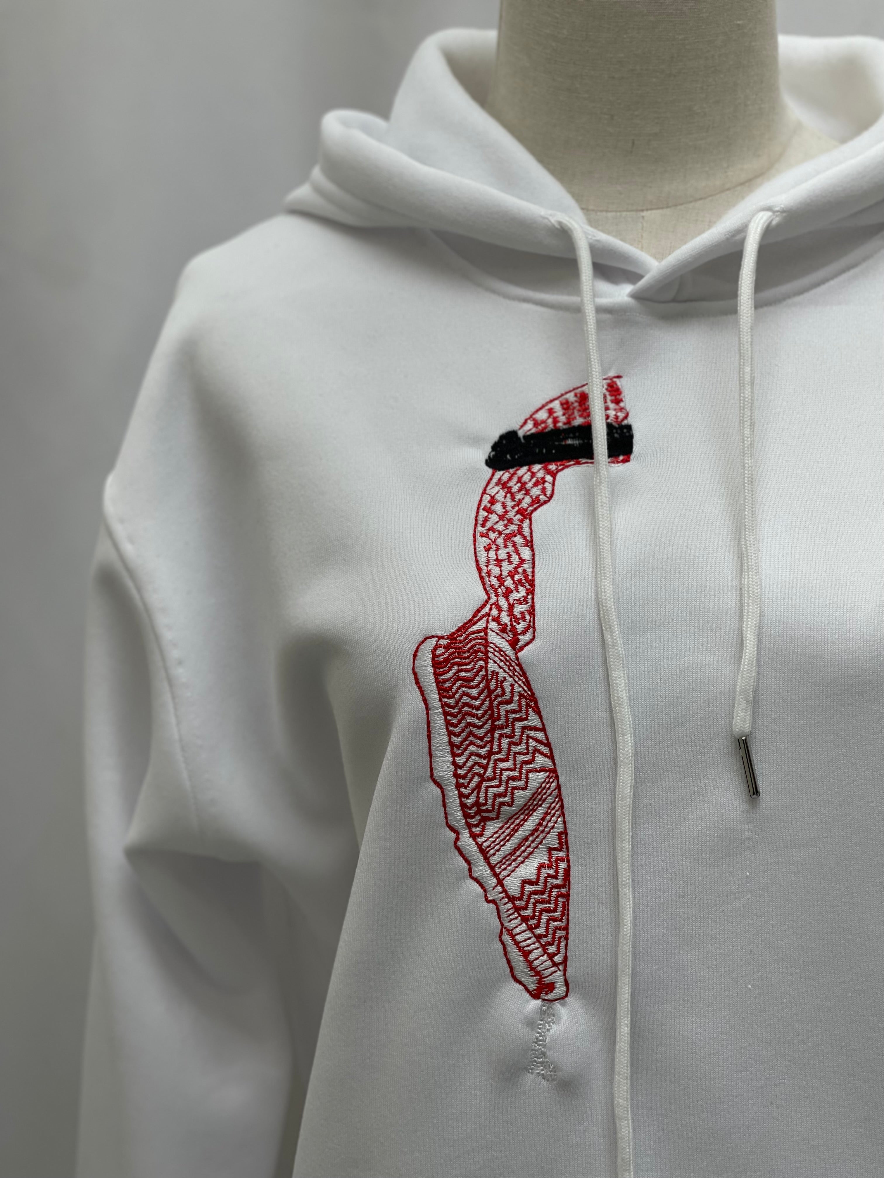 right sided White Shmagh Hoodie with High-Quality Embroidery