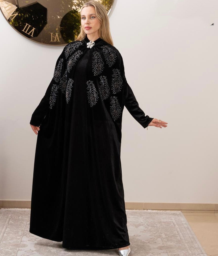 Black Fancy Velvet Bedazzle Abaya: Luxurious Glamour and Practical Elegance