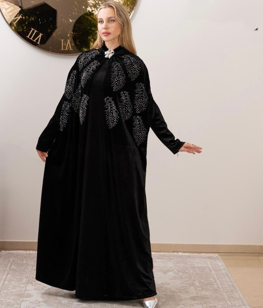 Black Fancy Velvet Bedazzle Abaya