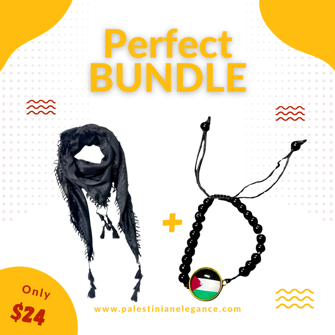 Cultural Heritage Bundle: Black on Black Kofaya with Sharshoba & Circle Palestine Bracelet