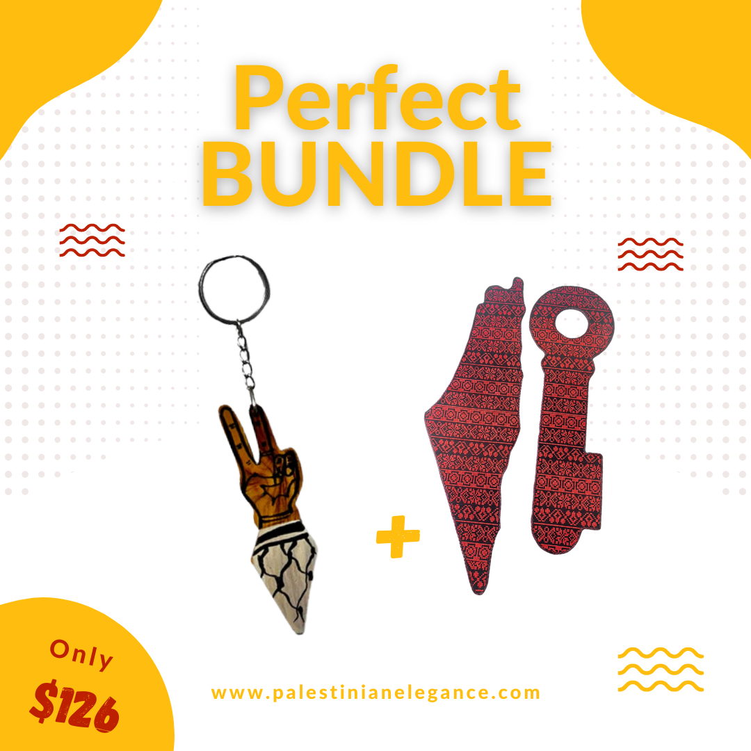 Palestinian Heritage & Peace Bundle: Peace Sign Keychain & Tatreez Palestine Map Set 80 CM