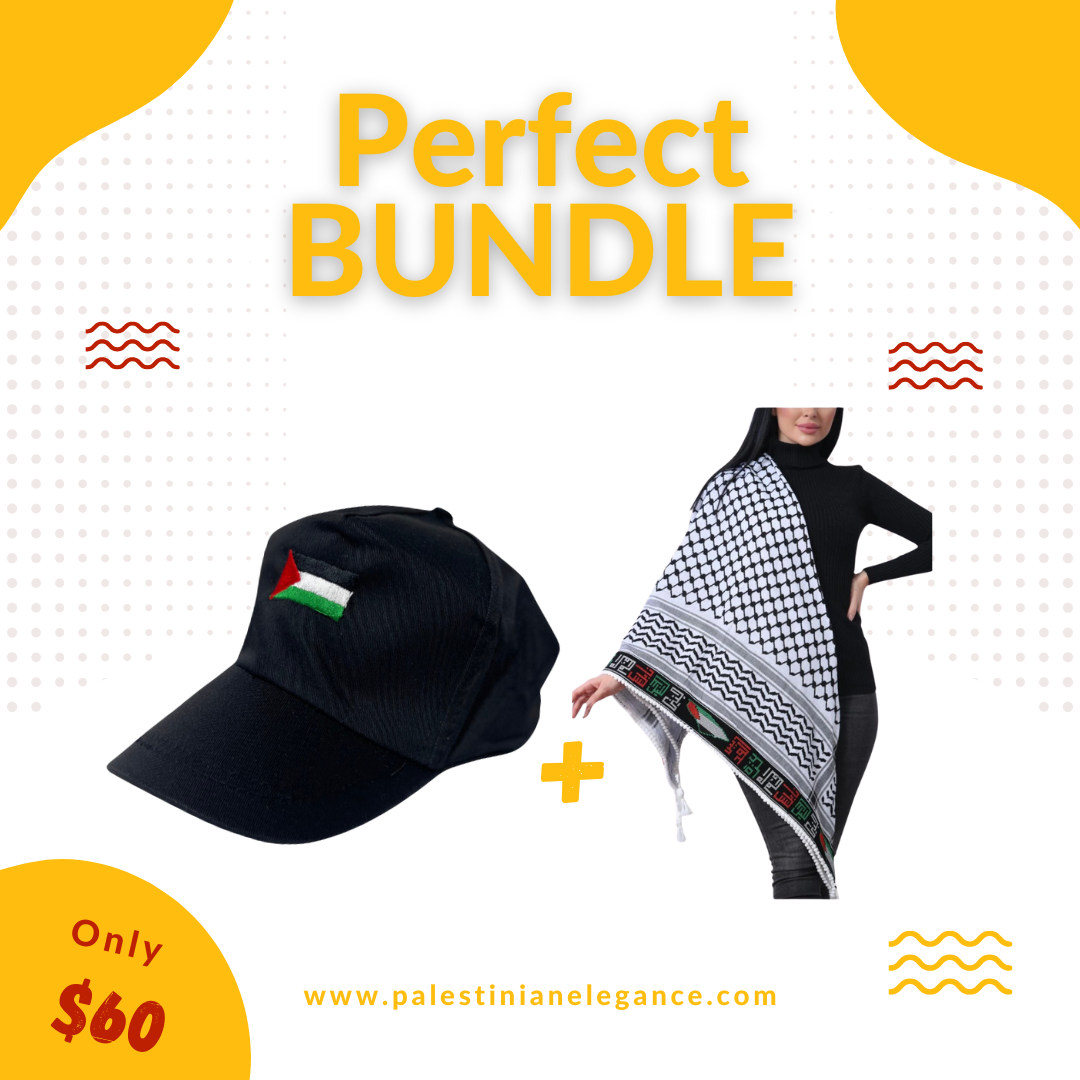 Palestinian Pride Bundle: Embroidered Kuffia & Kids Palestine Flag Hat